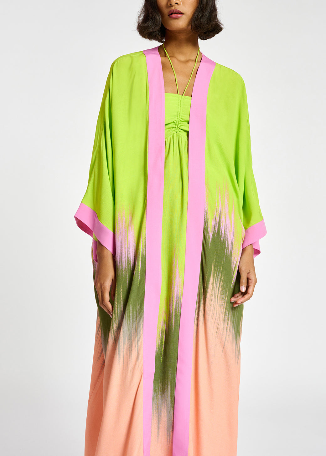 Lime green, peach and khaki kimono with dip-dyed effect RE—SSENTIEL | Essentiel second hand