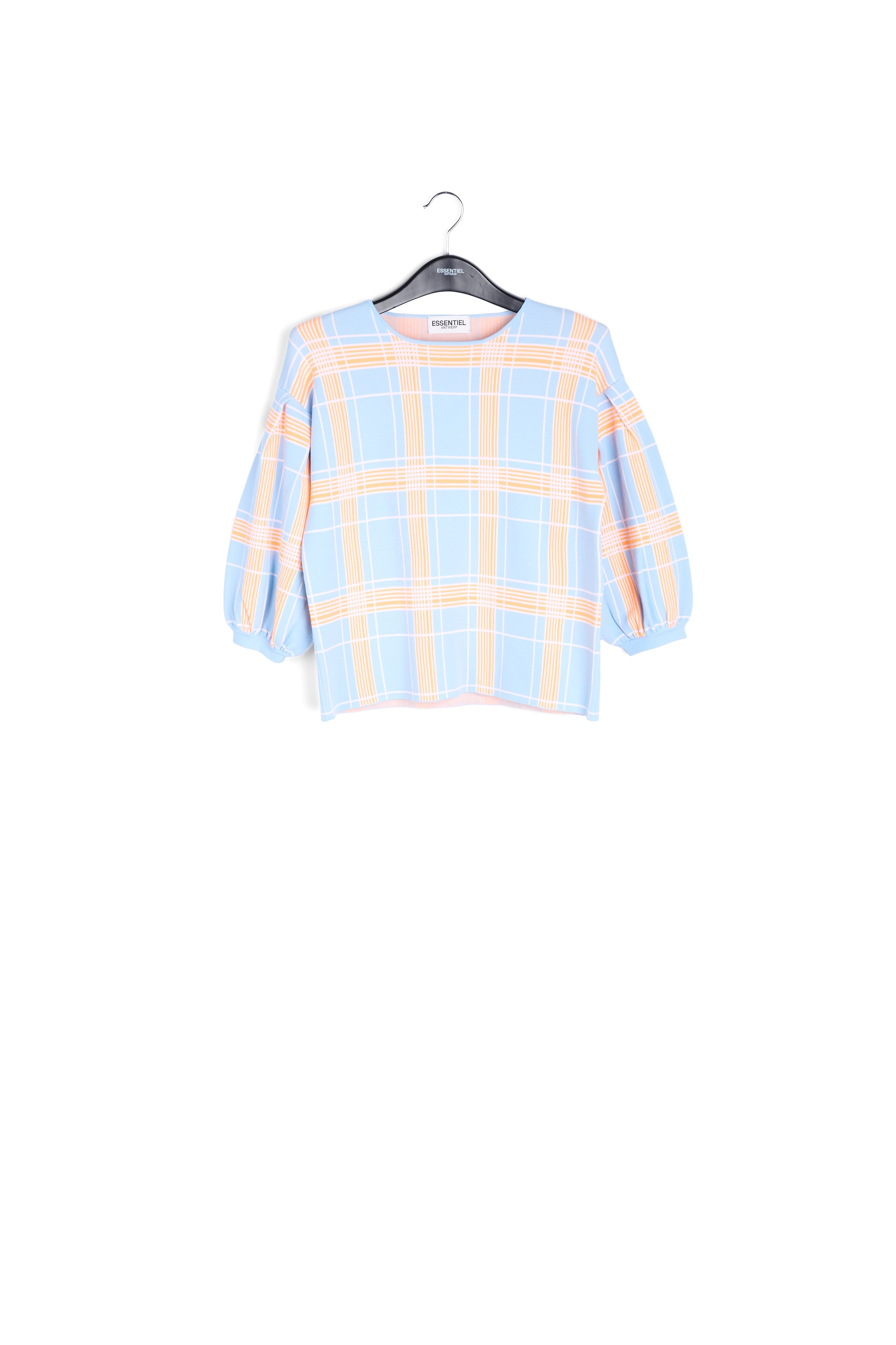 Light blue puffed sleeve knitted top with check motif RE—SSENTIEL | Essentiel second hand