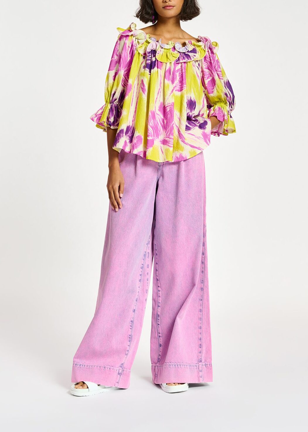 Yellow and purple floral print off-the-shoulder top RE—SSENTIEL | Essentiel second hand