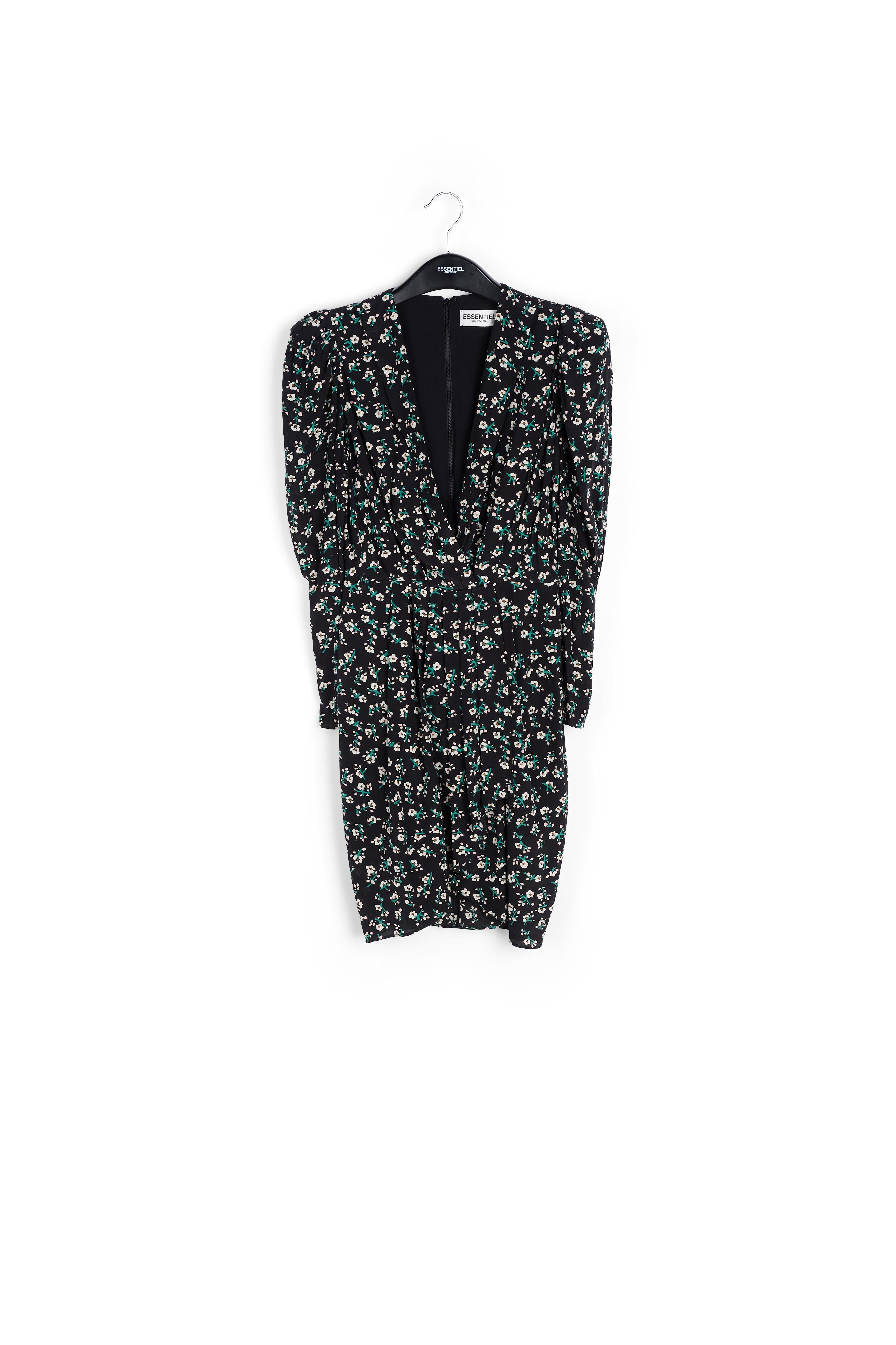 Zwarte miniwikkeljurk met bloemen RE—SSENTIEL | Essentiel second hand