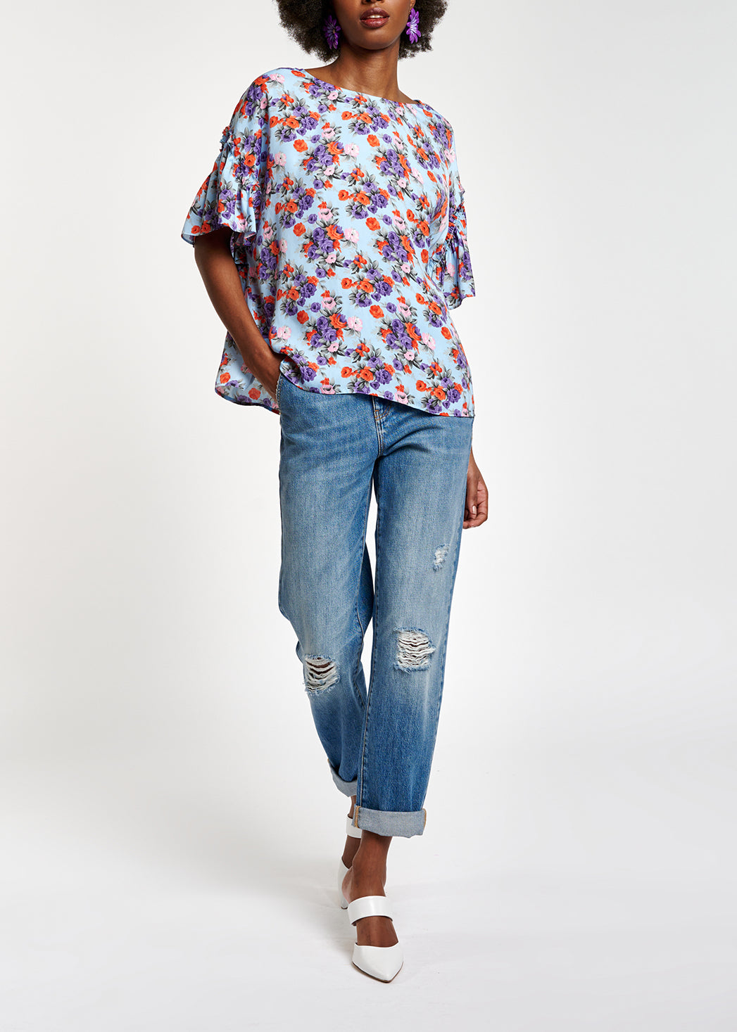 Light blue floral ruffle-sleeved top RE—SSENTIEL | Essentiel second hand