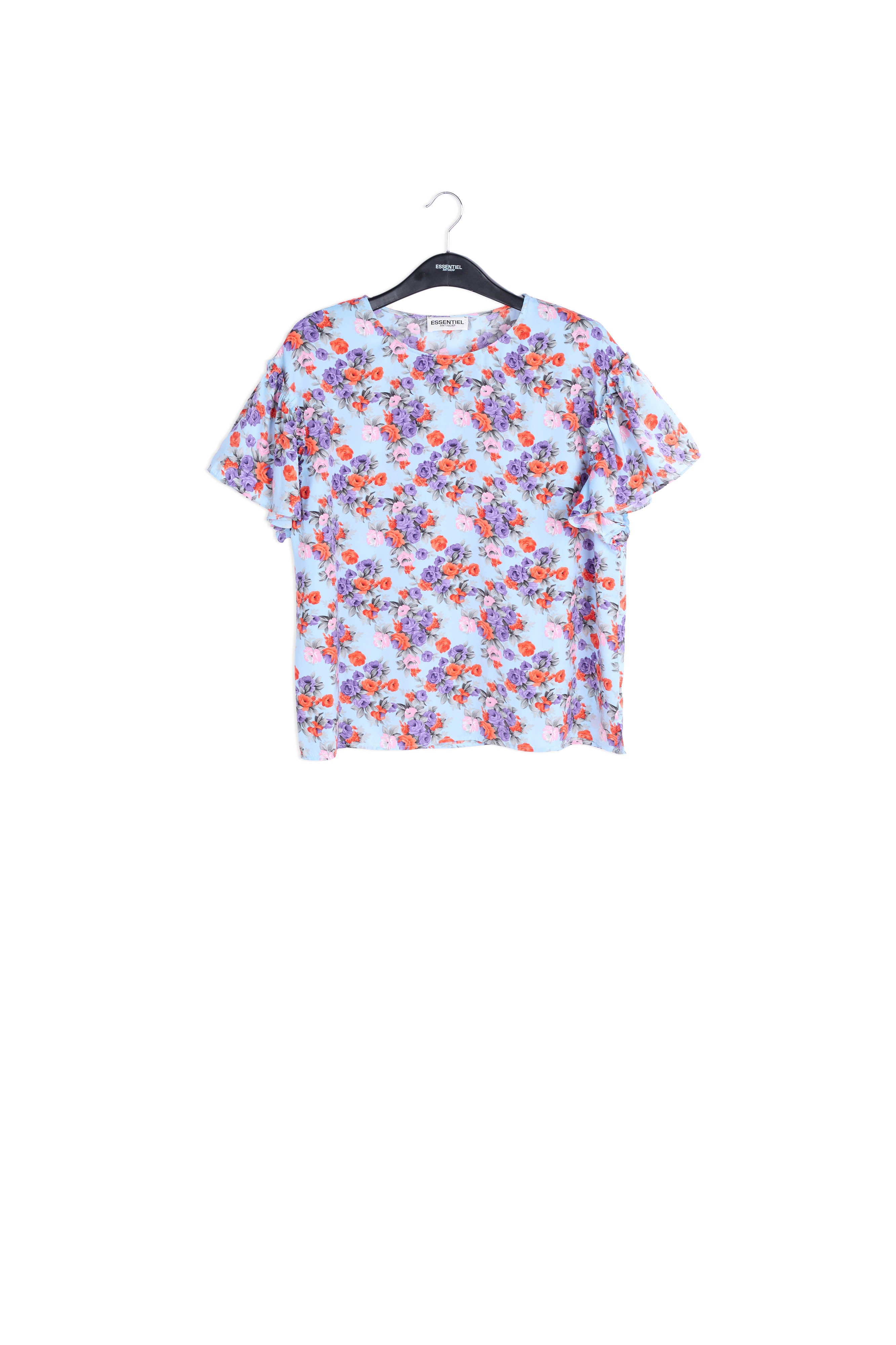 Lichtblauwe bloementop met ruchemouwen RE—SSENTIEL | Essentiel second hand