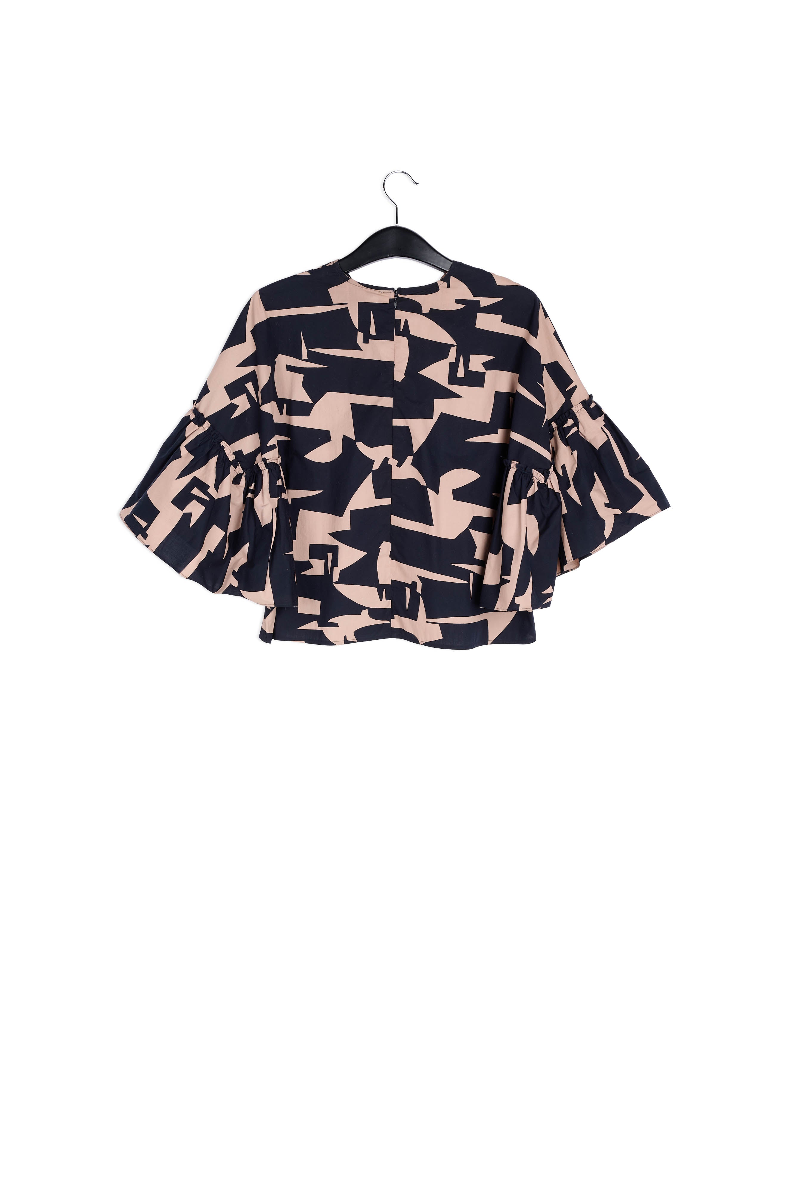 Dark blue and beige graphic printed top with ruffled sleeves RE—SSENTIEL | Essentiel second hand