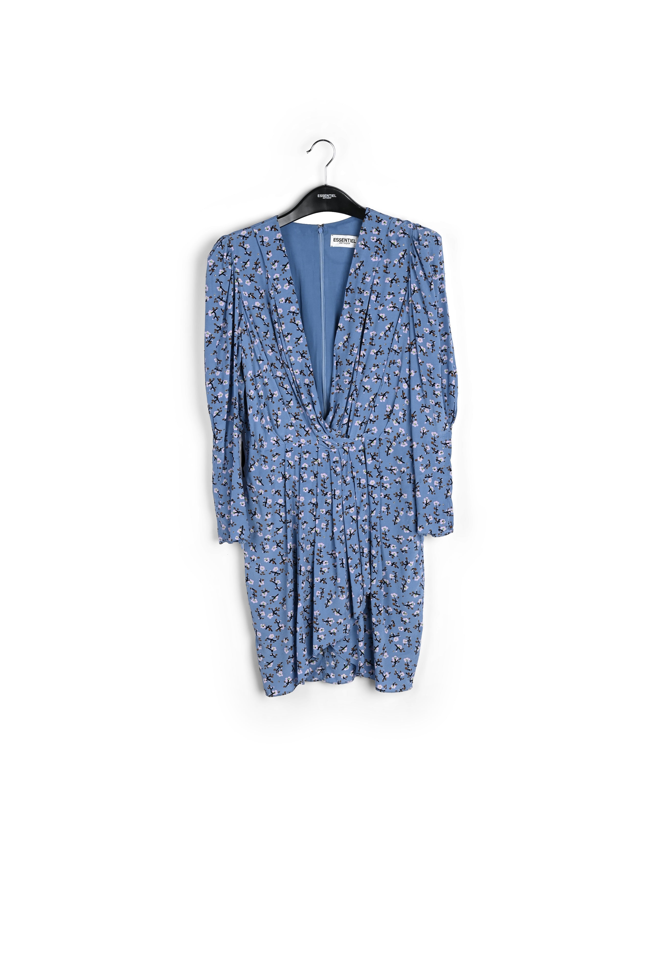 Blauwe mini-wikkeljurk met bloemenprint RE—SSENTIEL | Essentiel second hand
