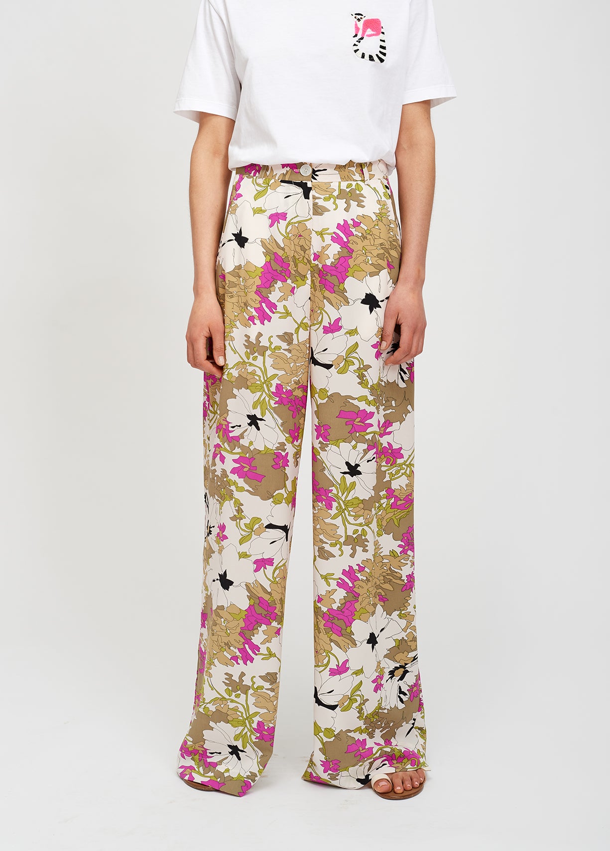 Khaki green, white and pink floral wide-leg pants
