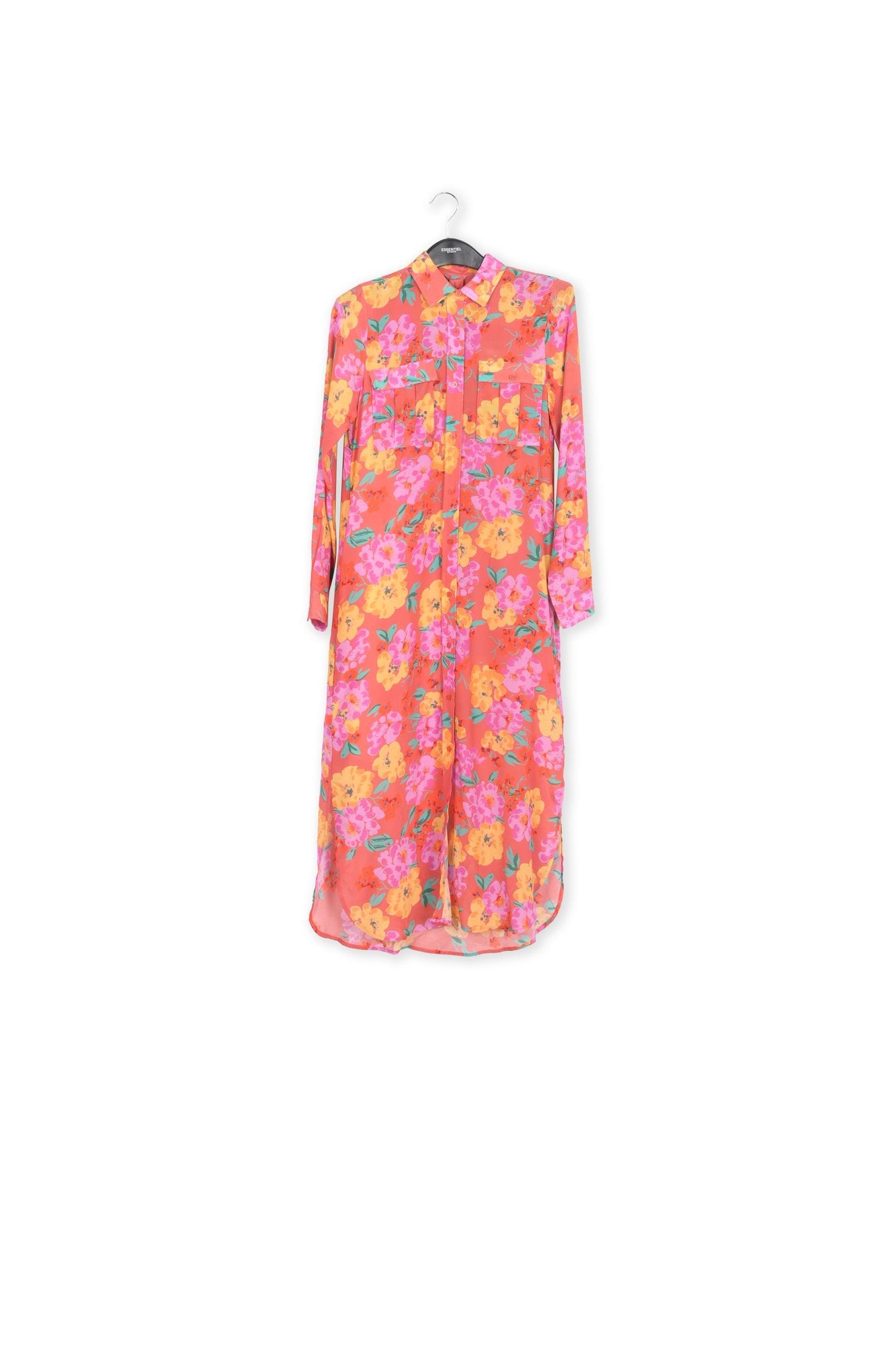 Coral floral-print silk shirt dress RE—SSENTIEL | Essentiel second hand