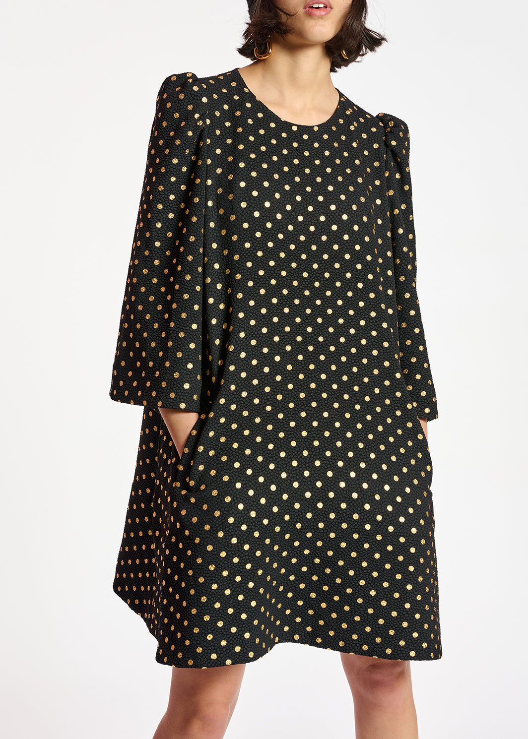 Black and gold polka-dot mini dress with trumpet sleeves RE—SSENTIEL | Essentiel second hand