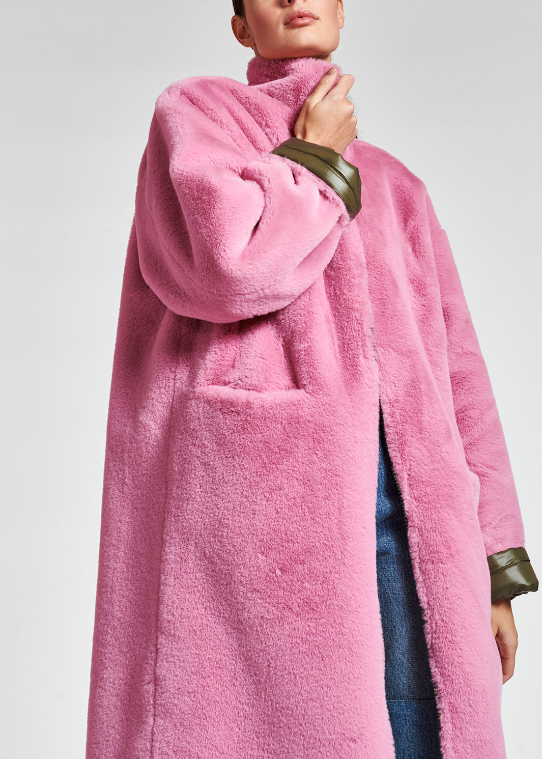Khaki green and pink reversible faux fur coat RE—SSENTIEL | Essentiel second hand