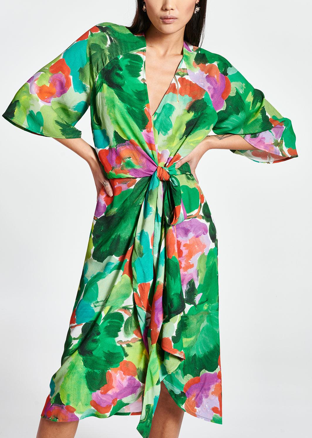 Green, lilac and orange watercolor-print midi dress RE—SSENTIEL | Essentiel second hand