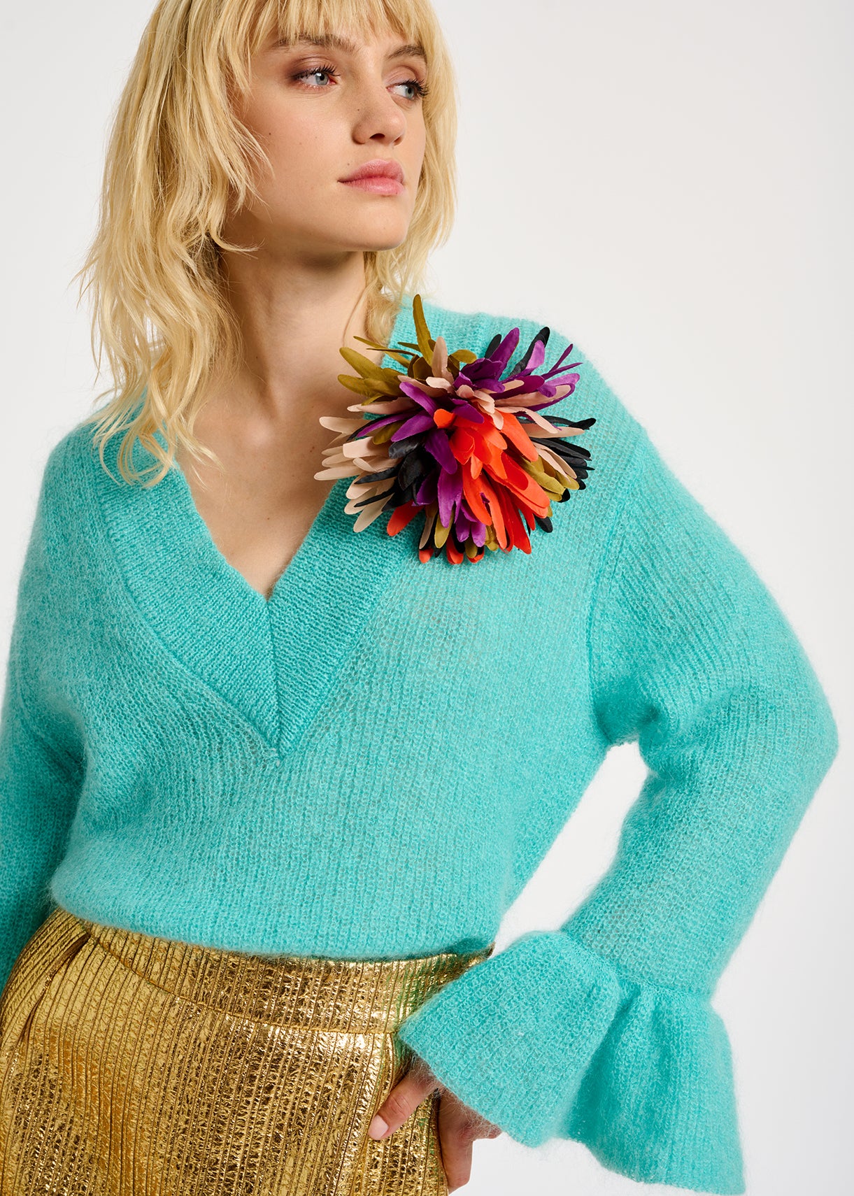 Turquoise V-neck mohair-blend sweater RE—SSENTIEL | Essentiel second hand
