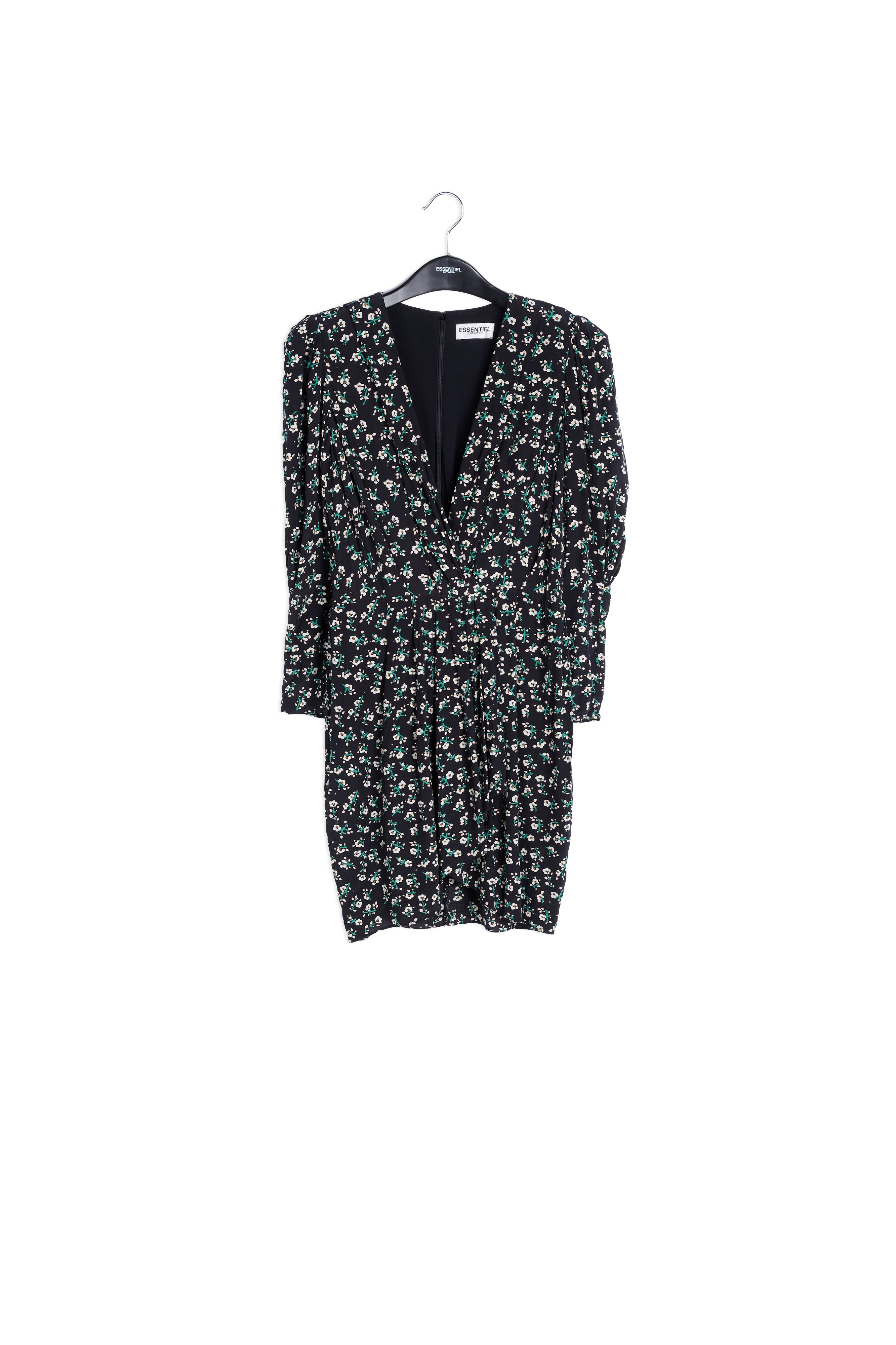 Zwarte miniwikkeljurk met bloemen RE—SSENTIEL | Essentiel second hand