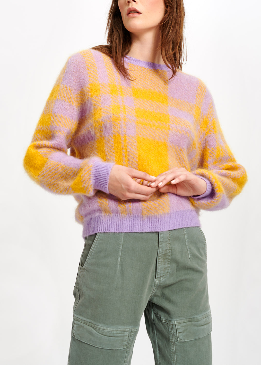 Lilac and yellow soft mohair plaid sweater RE—SSENTIEL | Essentiel second hand