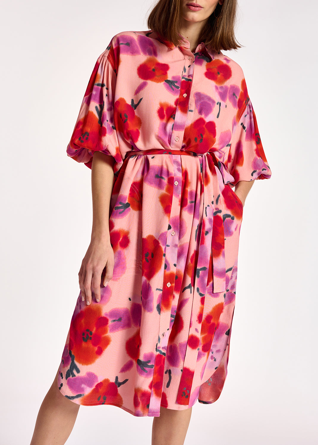 Light pink, red and purple floral-print shirt dress RE—SSENTIEL | Essentiel second hand