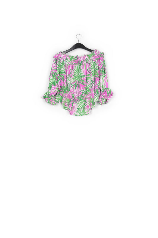 Top met blote schouders en witte, paarse en groene palmprint RE—SSENTIEL | Essentiel second hand