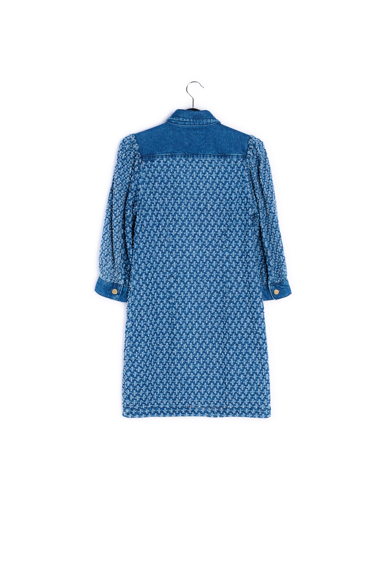 Dark blue perforated denim puffed sleeves mini dress RE—SSENTIEL | Essentiel second hand