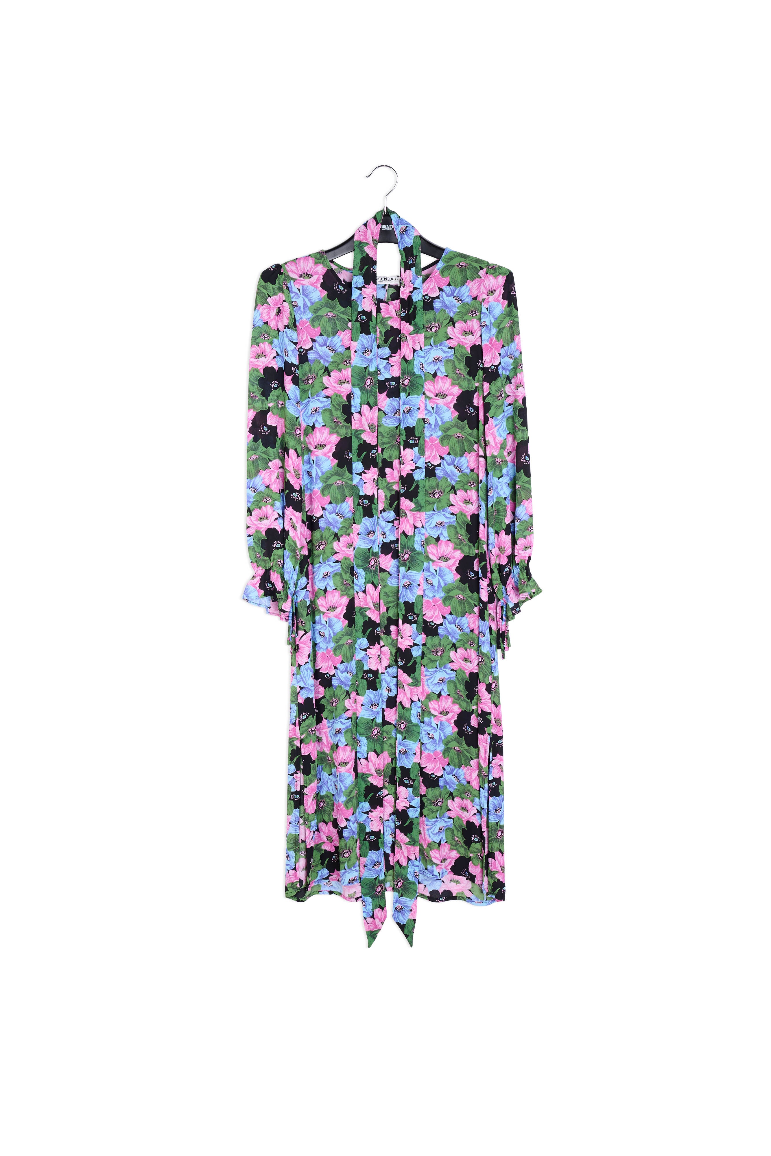 Midi-jurk met riem en roze, lichtblauwe en flesgroene bloemenprint RE—SSENTIEL | Essentiel second hand