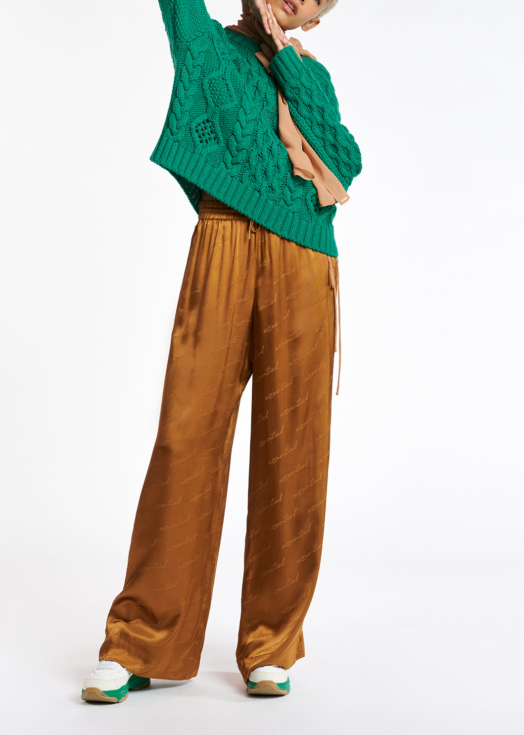 Bronze satin jacquard wide-leg pants RE—SSENTIEL | Essentiel second hand