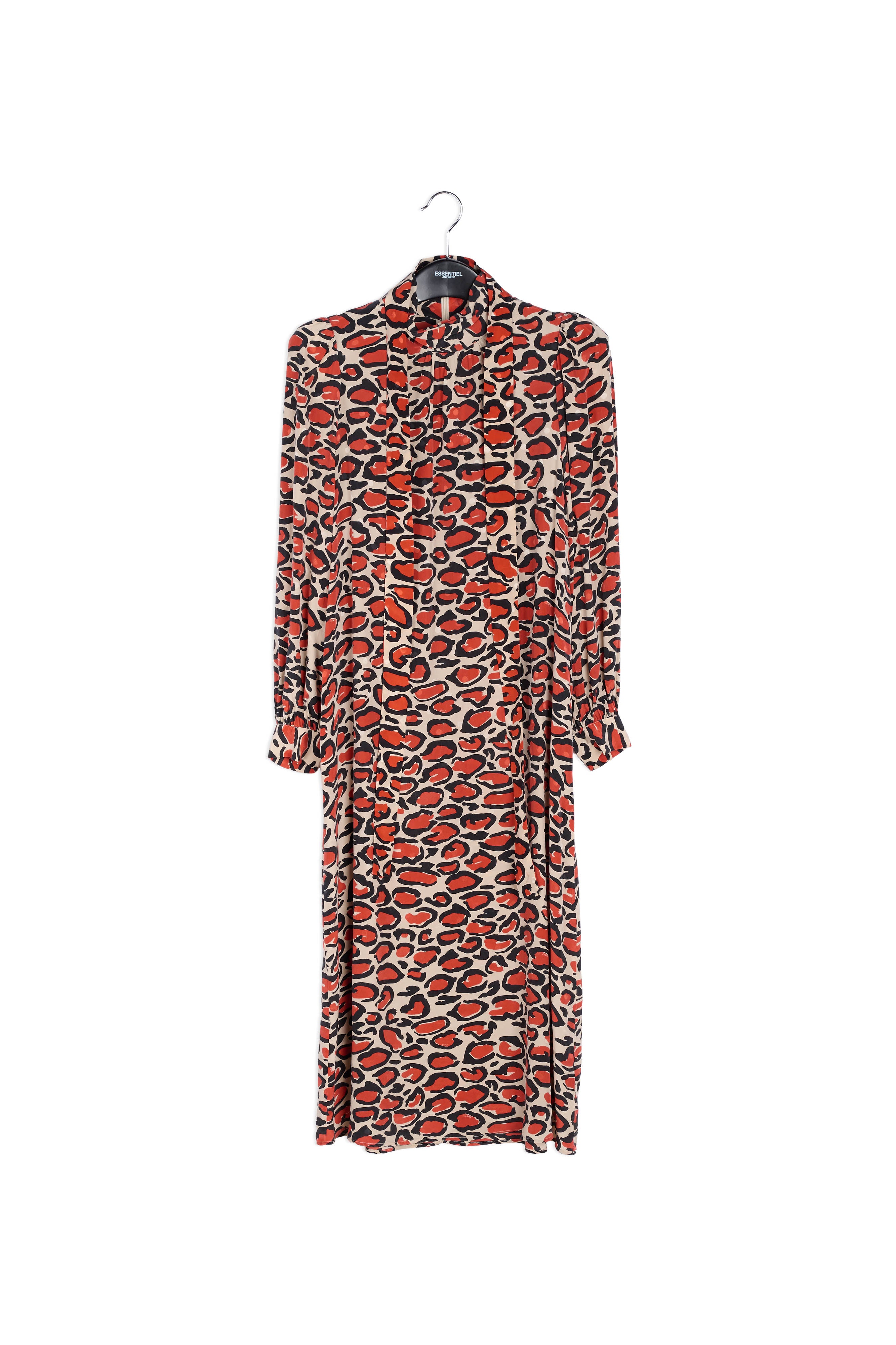 Gebroken witte zijden midi-jurk met opstaande kraag en luipaardprint RE—SSENTIEL | Essentiel second hand