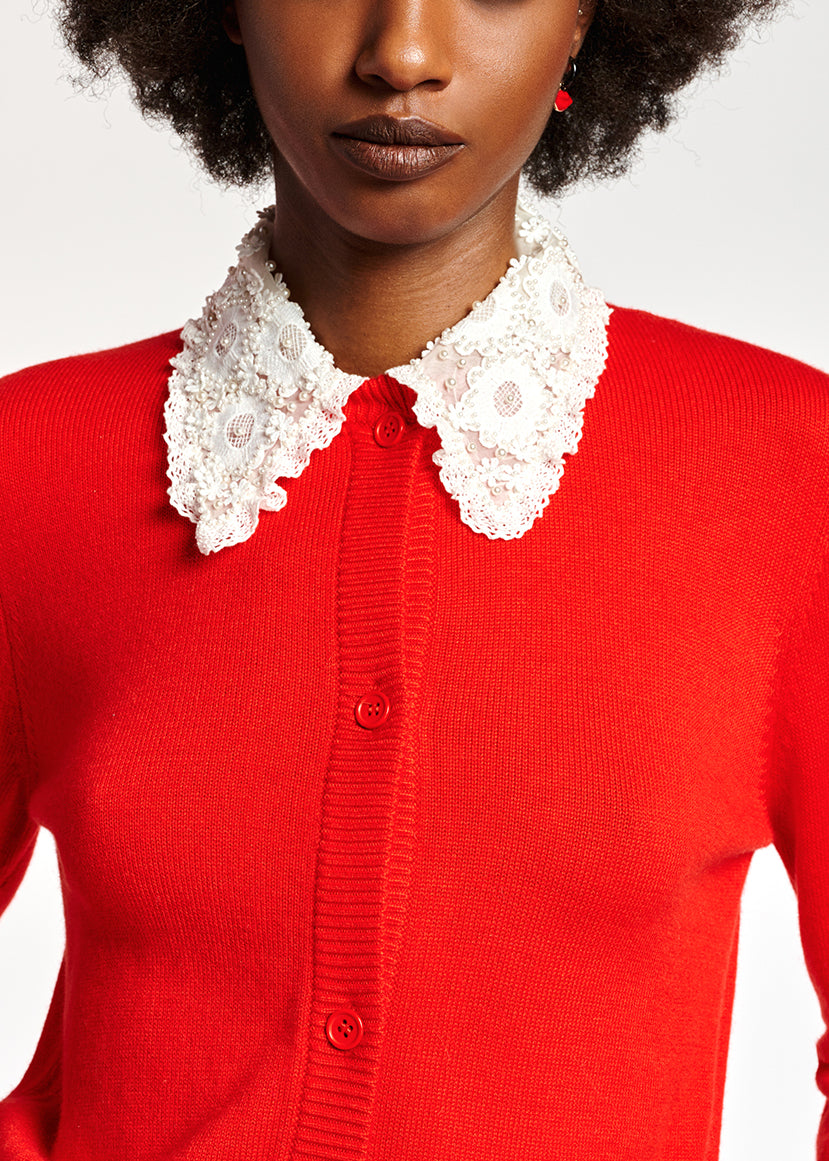 Cardigan rouge avec col en dentelle RE—SSENTIEL | Essentiel second hand