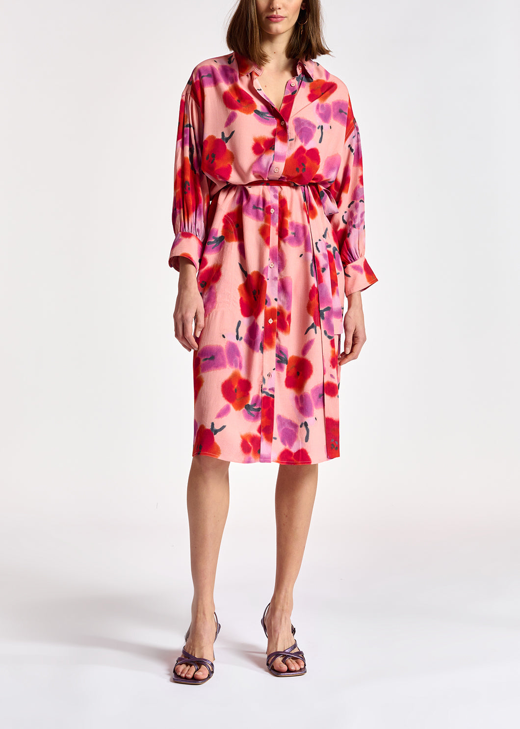 Light pink, red and purple floral-print shirt dress RE—SSENTIEL | Essentiel second hand
