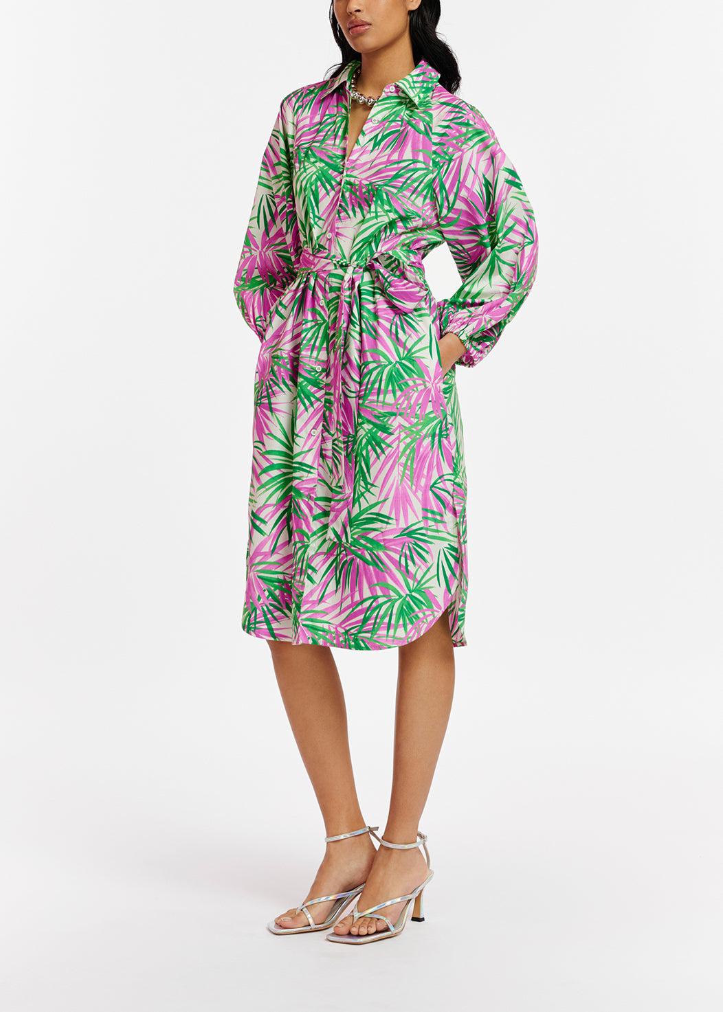 White, purple and green knee-length shirt dress with palm leaf print RE—SSENTIEL | Essentiel second hand