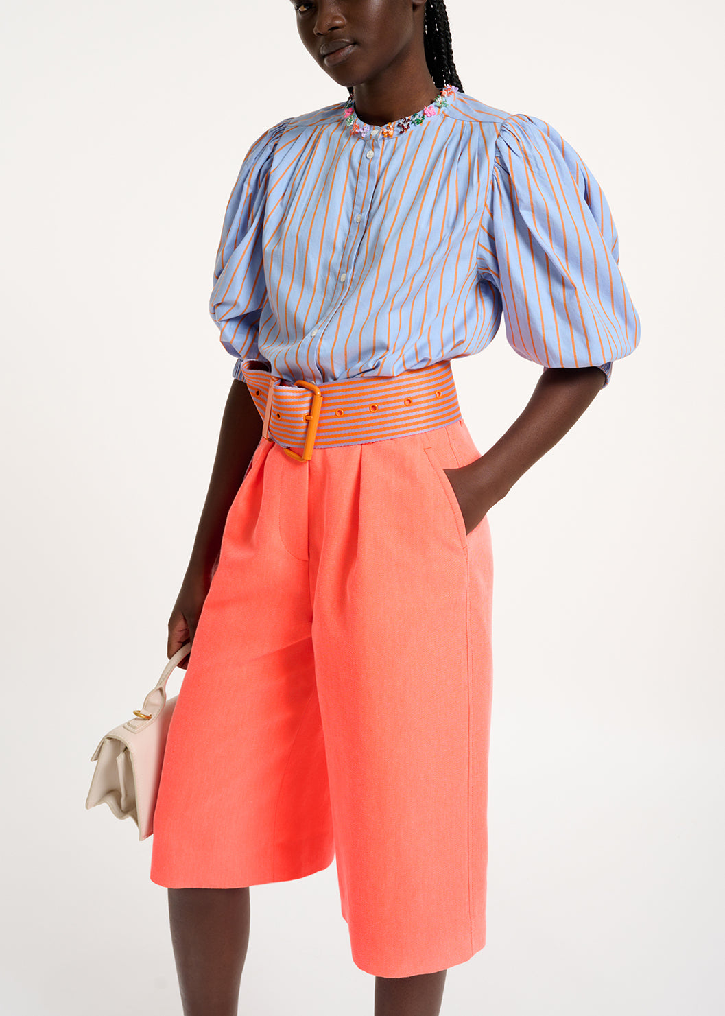 Light blue and orange striped cotton shirt with bead embellishments RE—SSENTIEL | Essentiel second hand