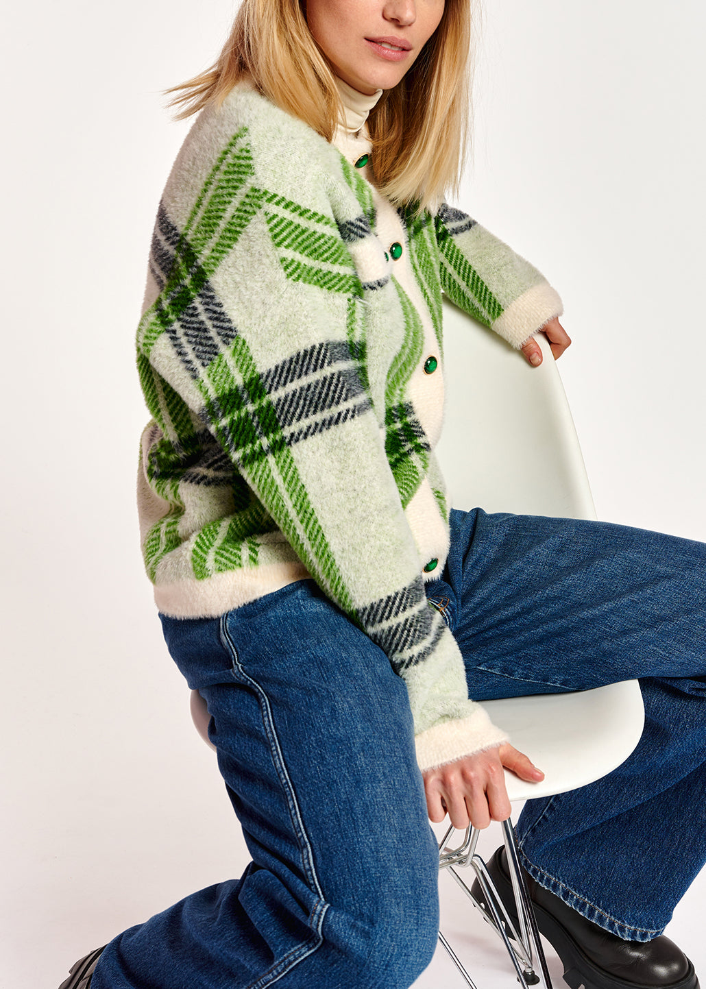 Off-white and green check cardigan RE—SSENTIEL | Essentiel second hand