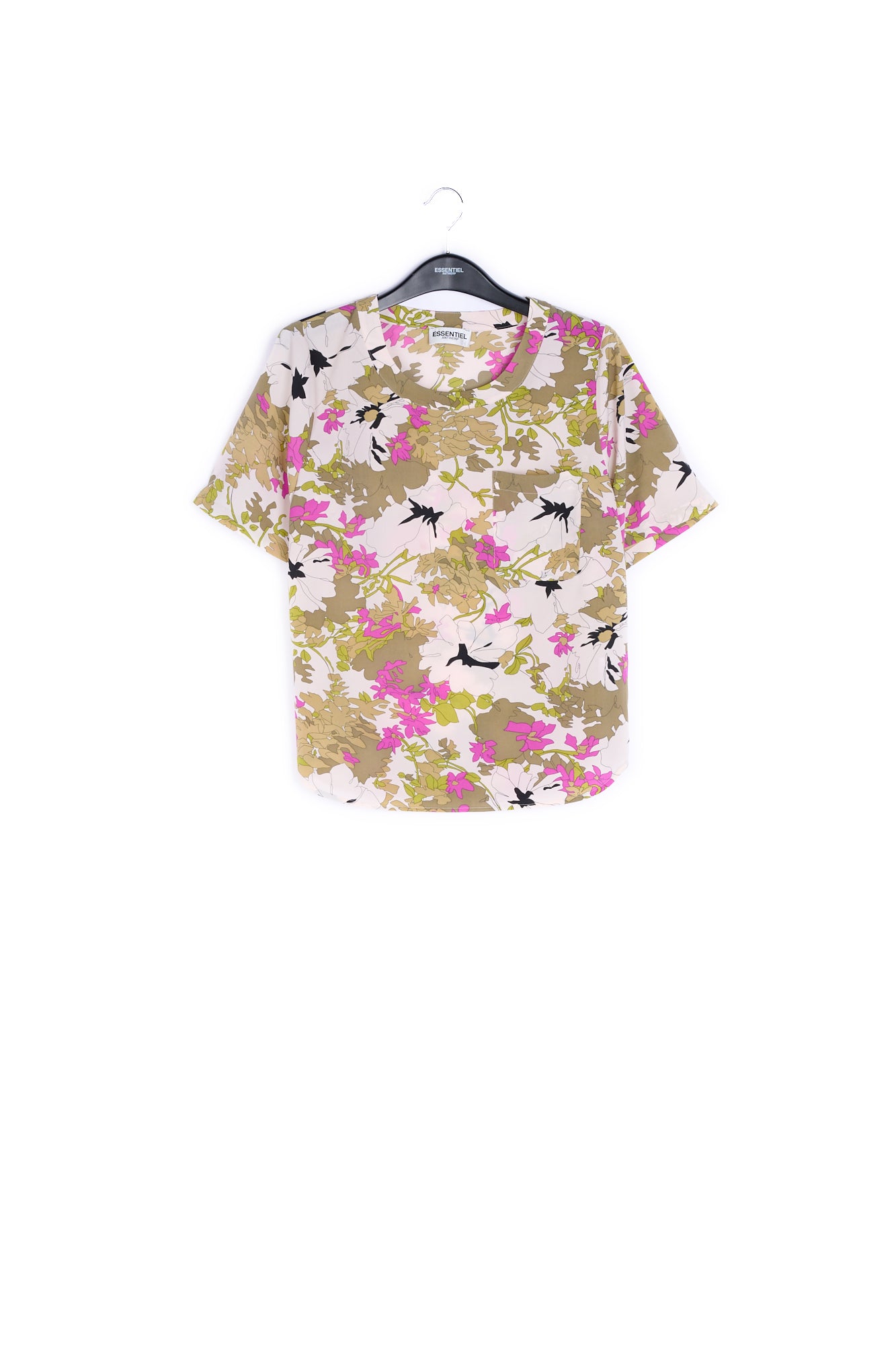 Khaki green, white and pink floral print top RE—SSENTIEL | Essentiel second hand