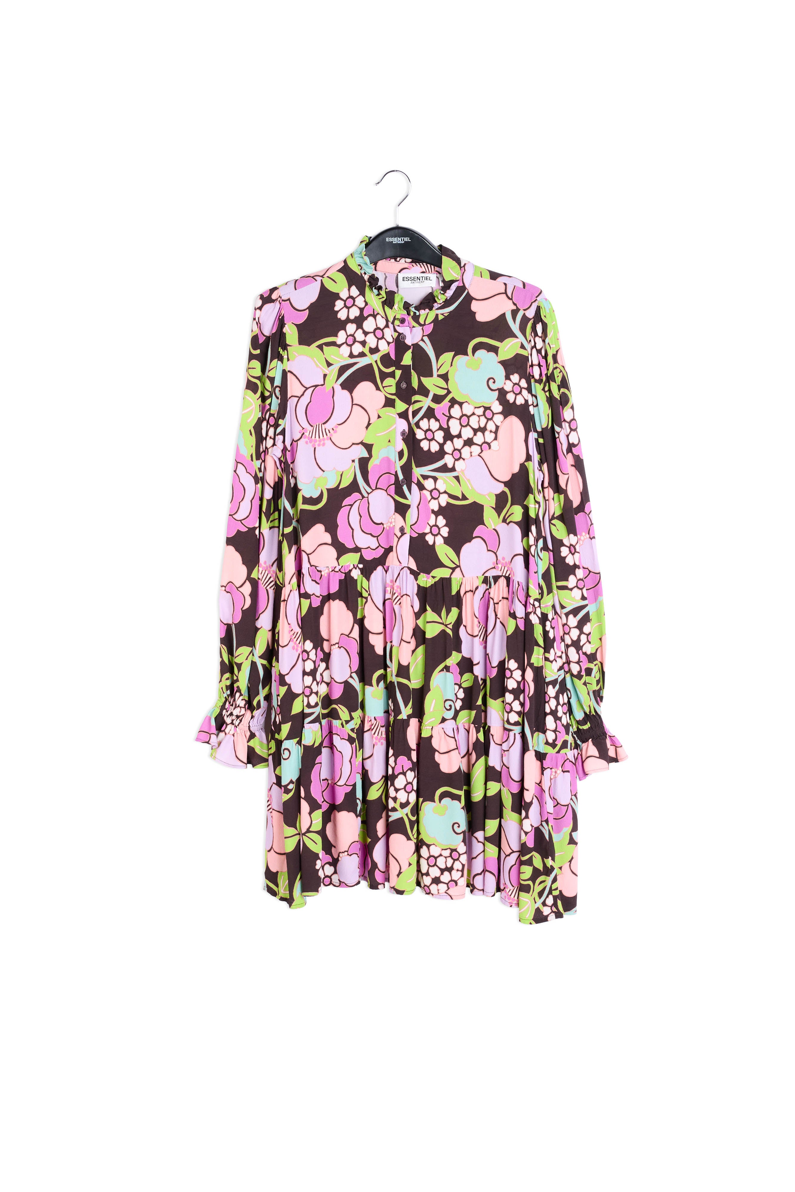 Black tiered mini dress with floral print RE—SSENTIEL | Essentiel second hand