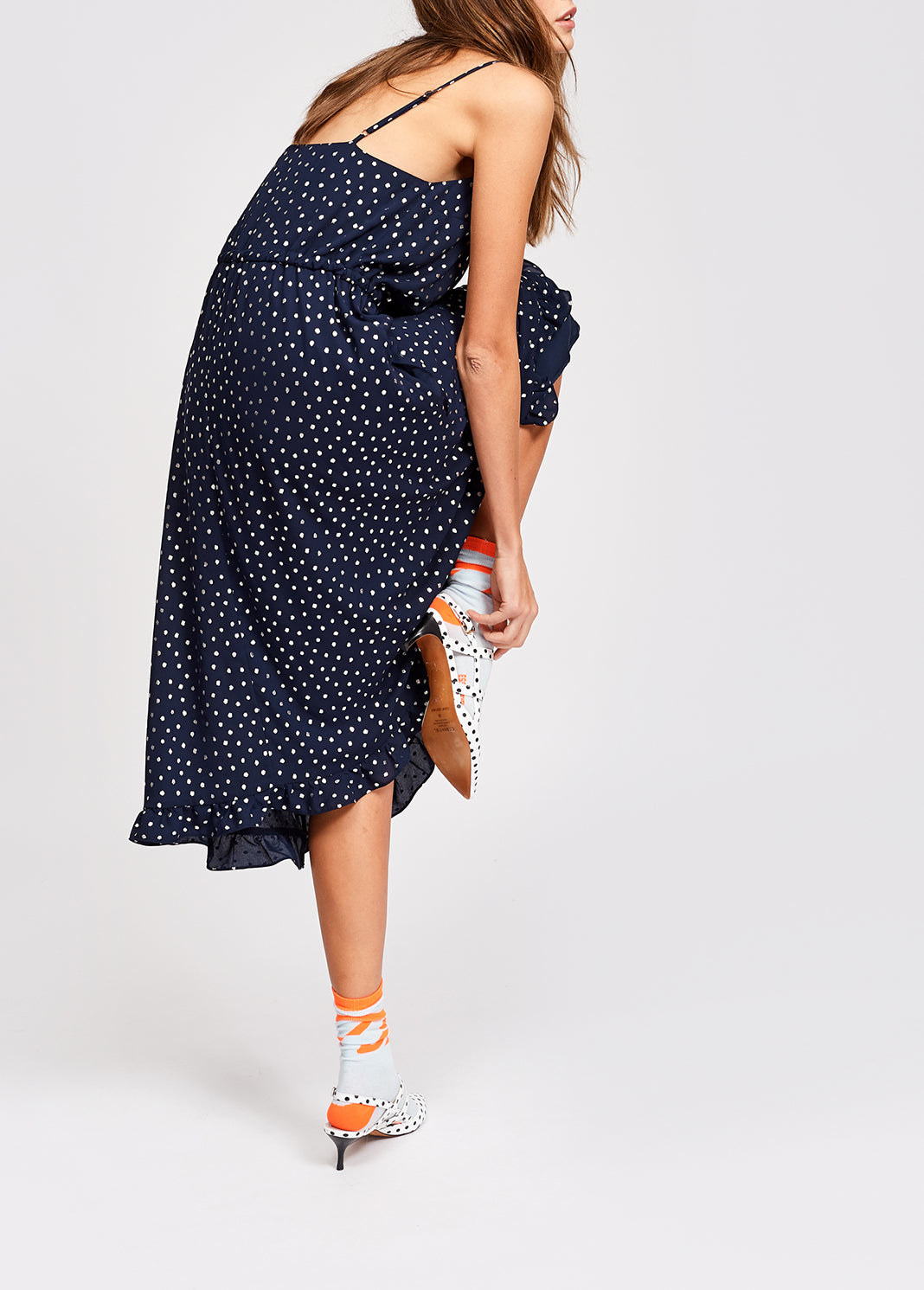 Dark blue flared midi dress with silver polka dots RE—SSENTIEL | Essentiel second hand