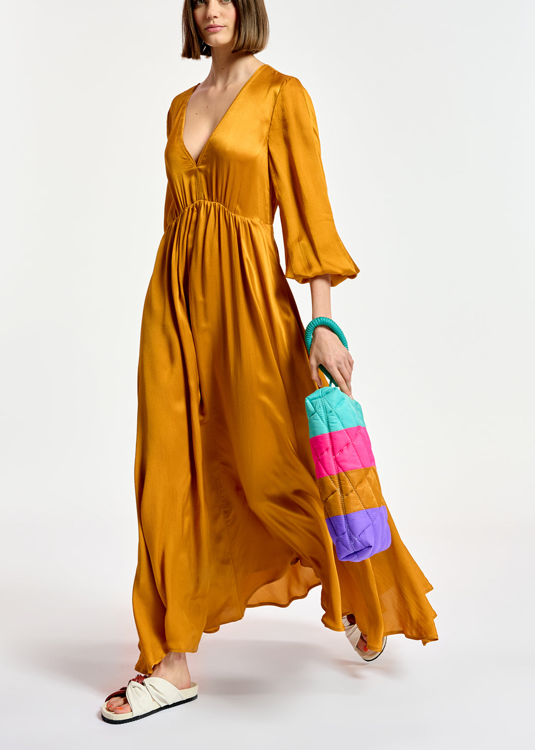Ochre pink long-sleeved v-neck maxi dress RE—SSENTIEL | Essentiel second hand