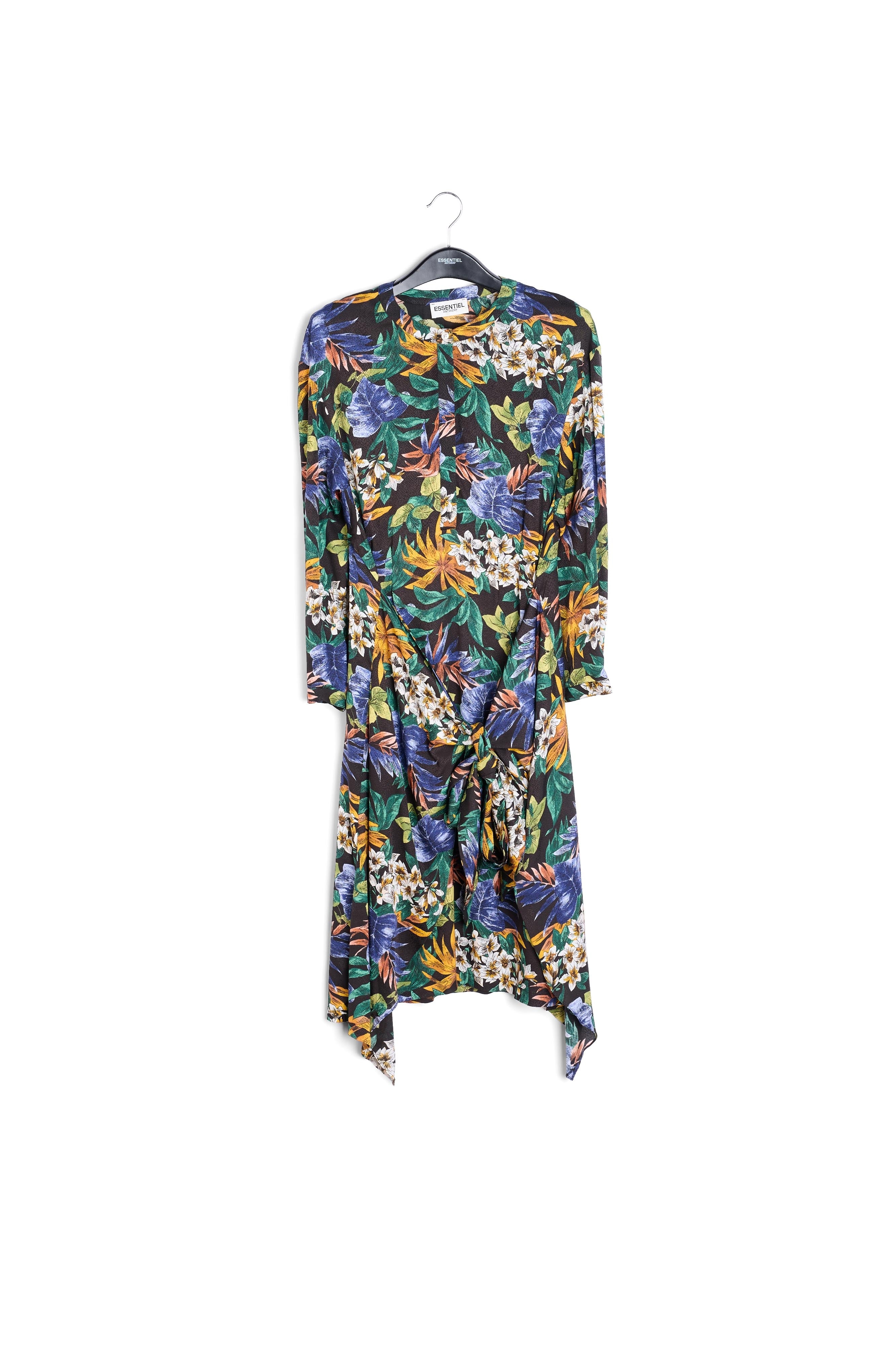 Groene, blauwe en oranje midi-jurk met bloemen RE—SSENTIEL | Essentiel second hand