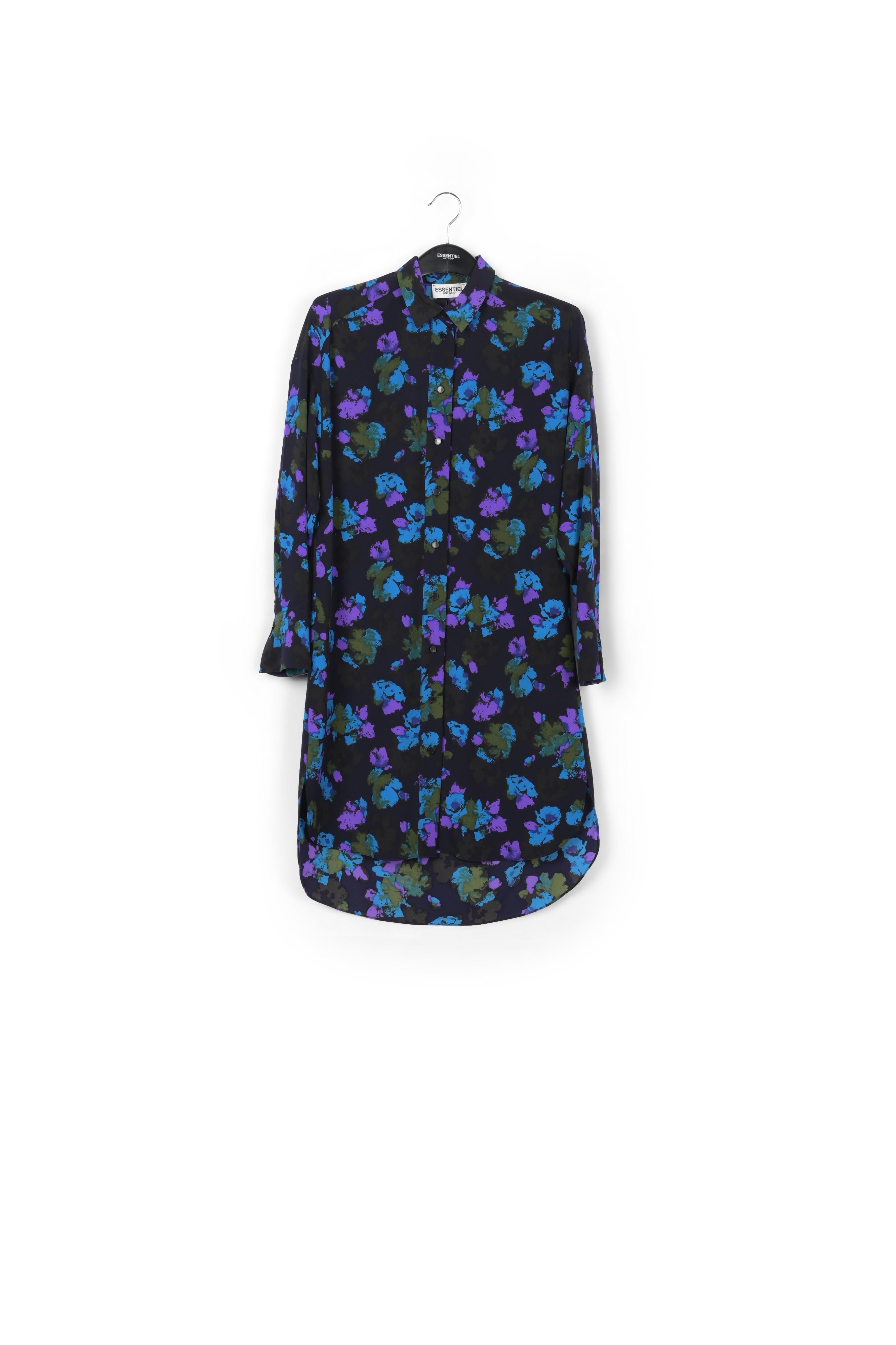 Black and blue floral print midi shirt dress RE—SSENTIEL | Essentiel second hand