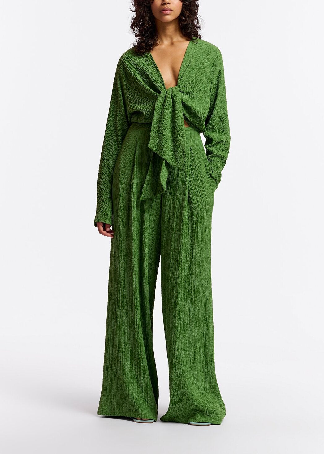 Dark green seersucker jumpsuit with tied front RE—SSENTIEL | Essentiel second hand