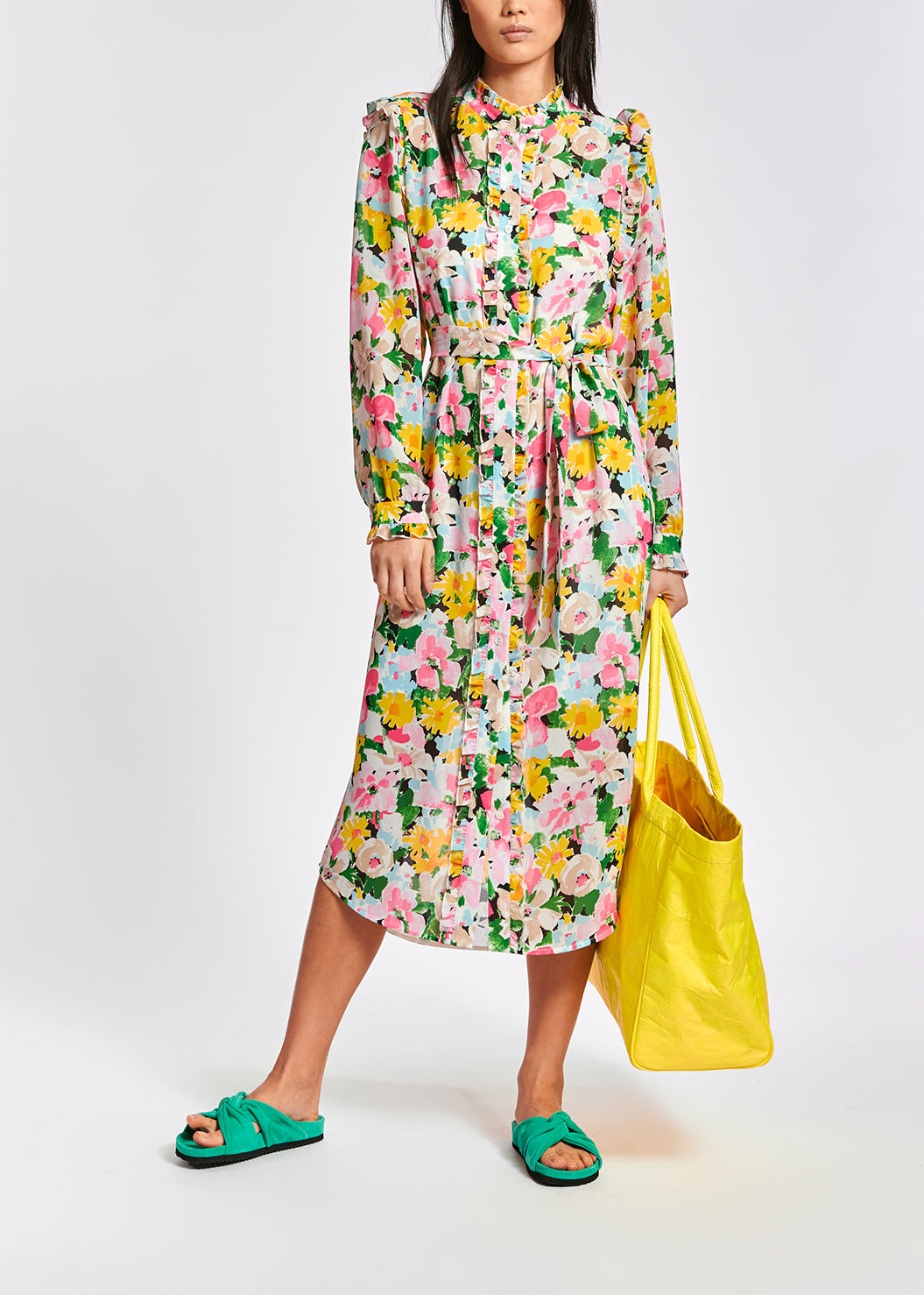 Robe chemise à fleurs multicolores avec ruches RE—SSENTIEL | Essentiel second hand