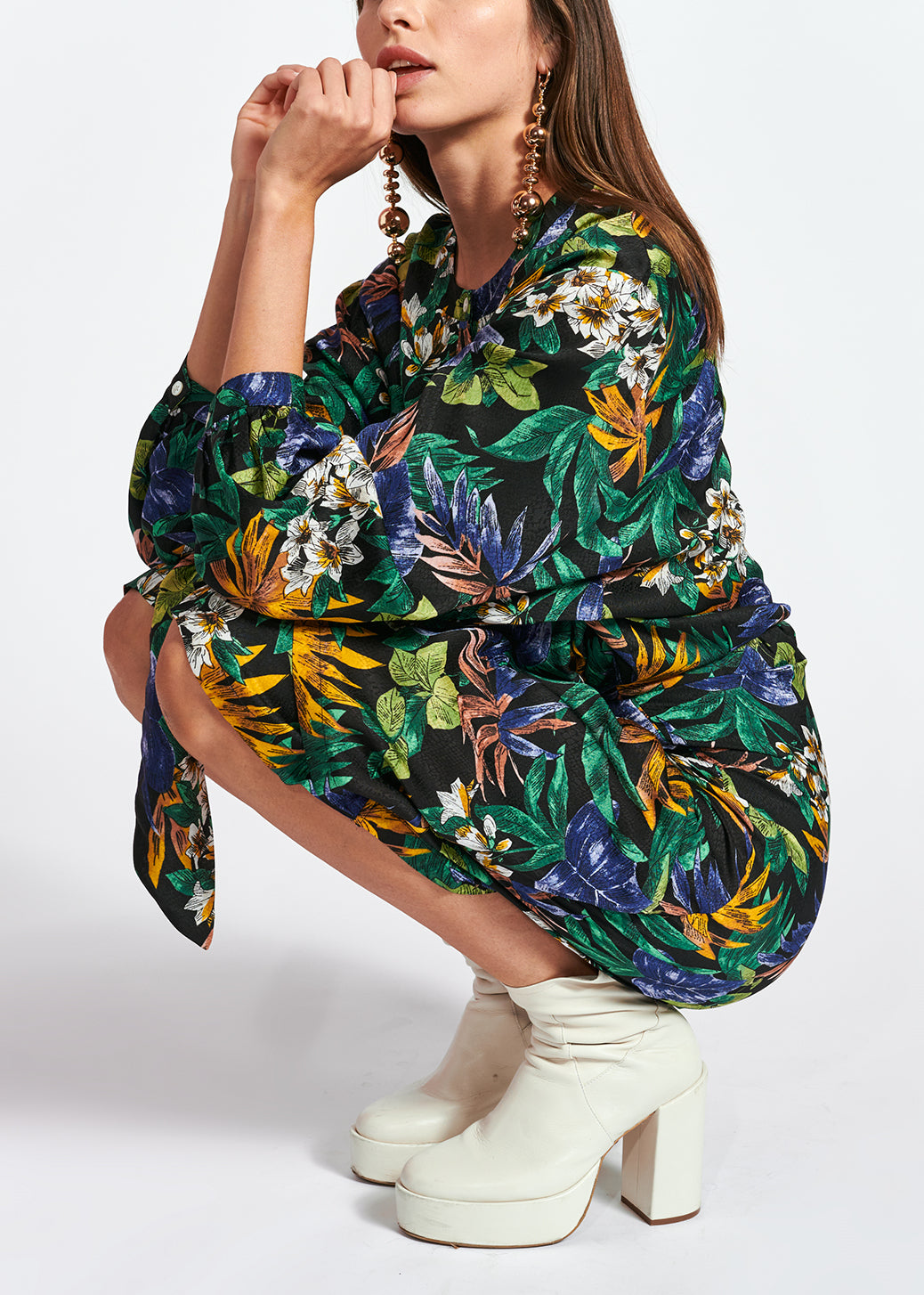 Blue, green and orange floral-print midi dress RE—SSENTIEL | Essentiel second hand