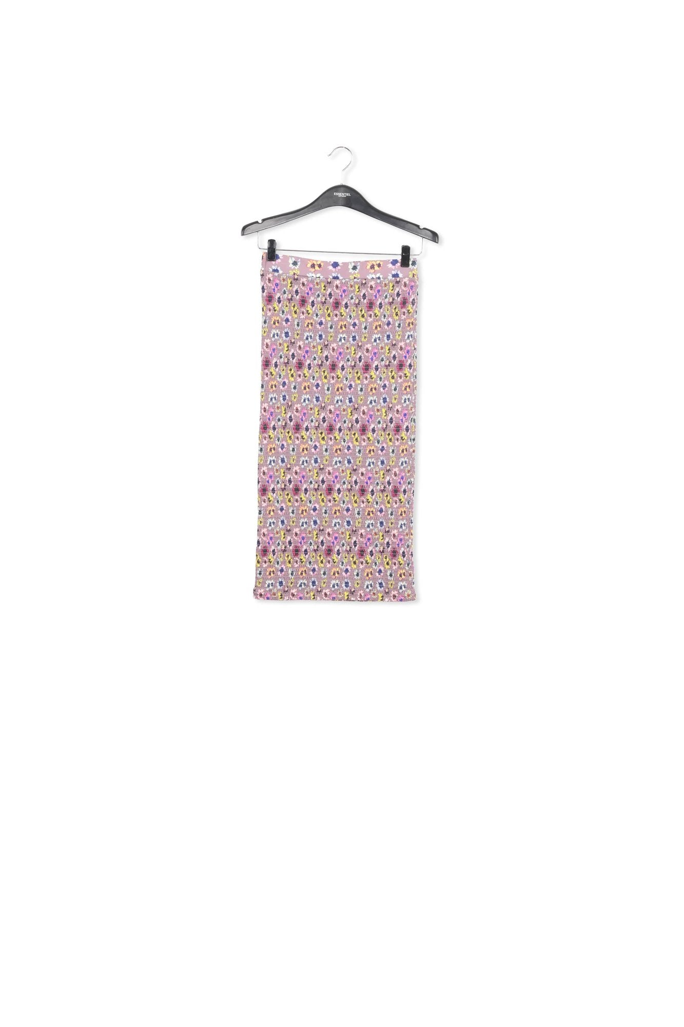 Mauve smocked midi skirt with multicolor floral print RE—SSENTIEL | Essentiel second hand