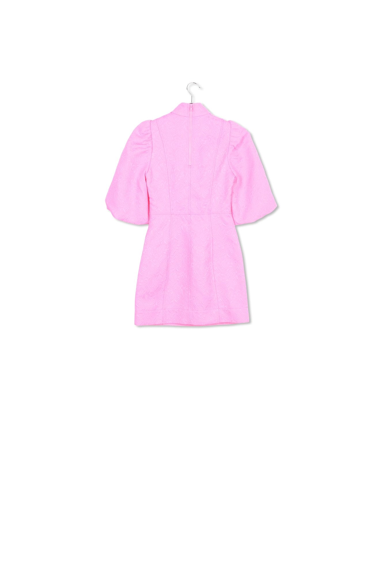 Bright pink jacquard mini dress with puffed sleeves RE—SSENTIEL | Essentiel second hand