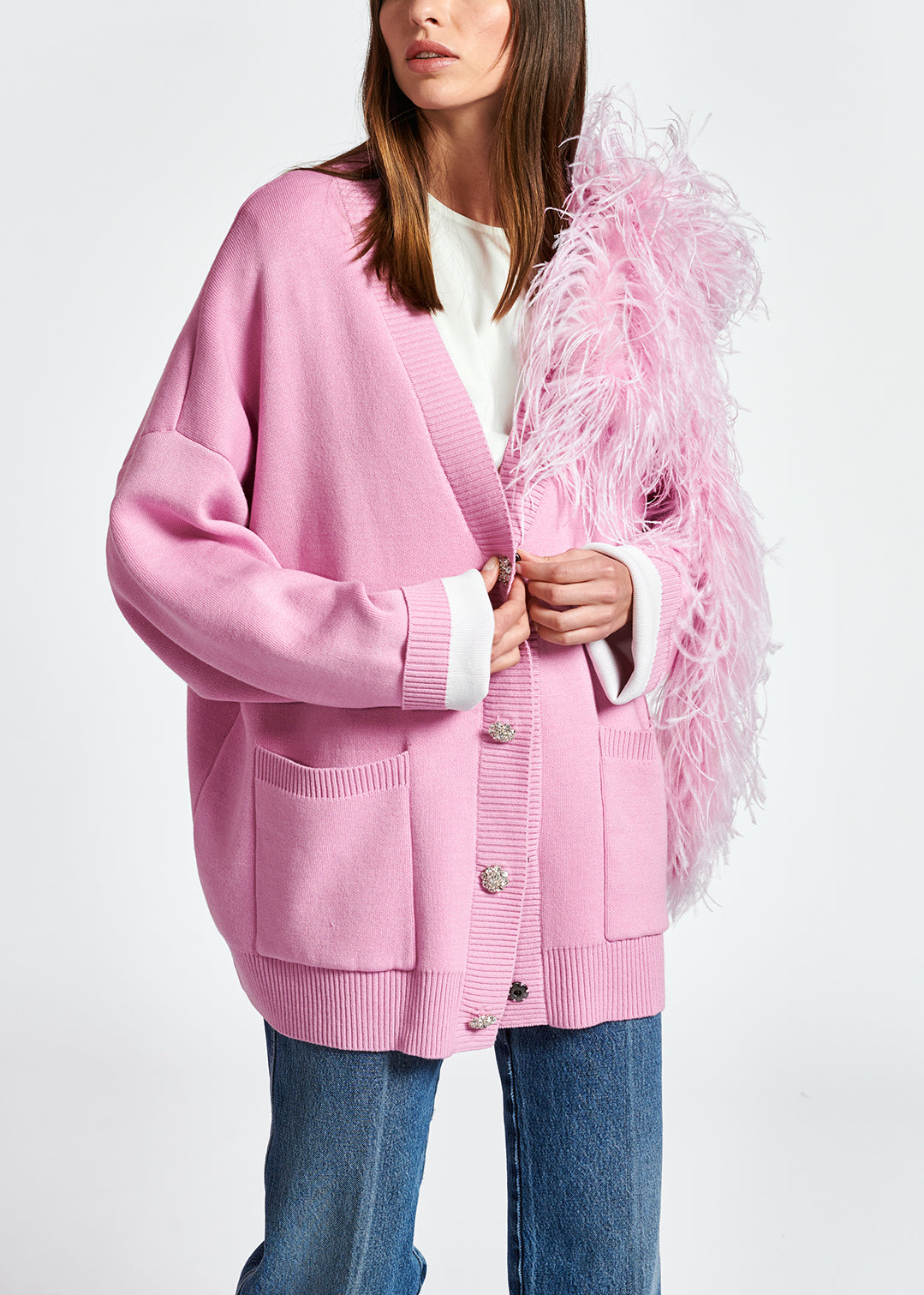 Pink rhinestone-button V-neck cardigan RE—SSENTIEL | Essentiel second hand