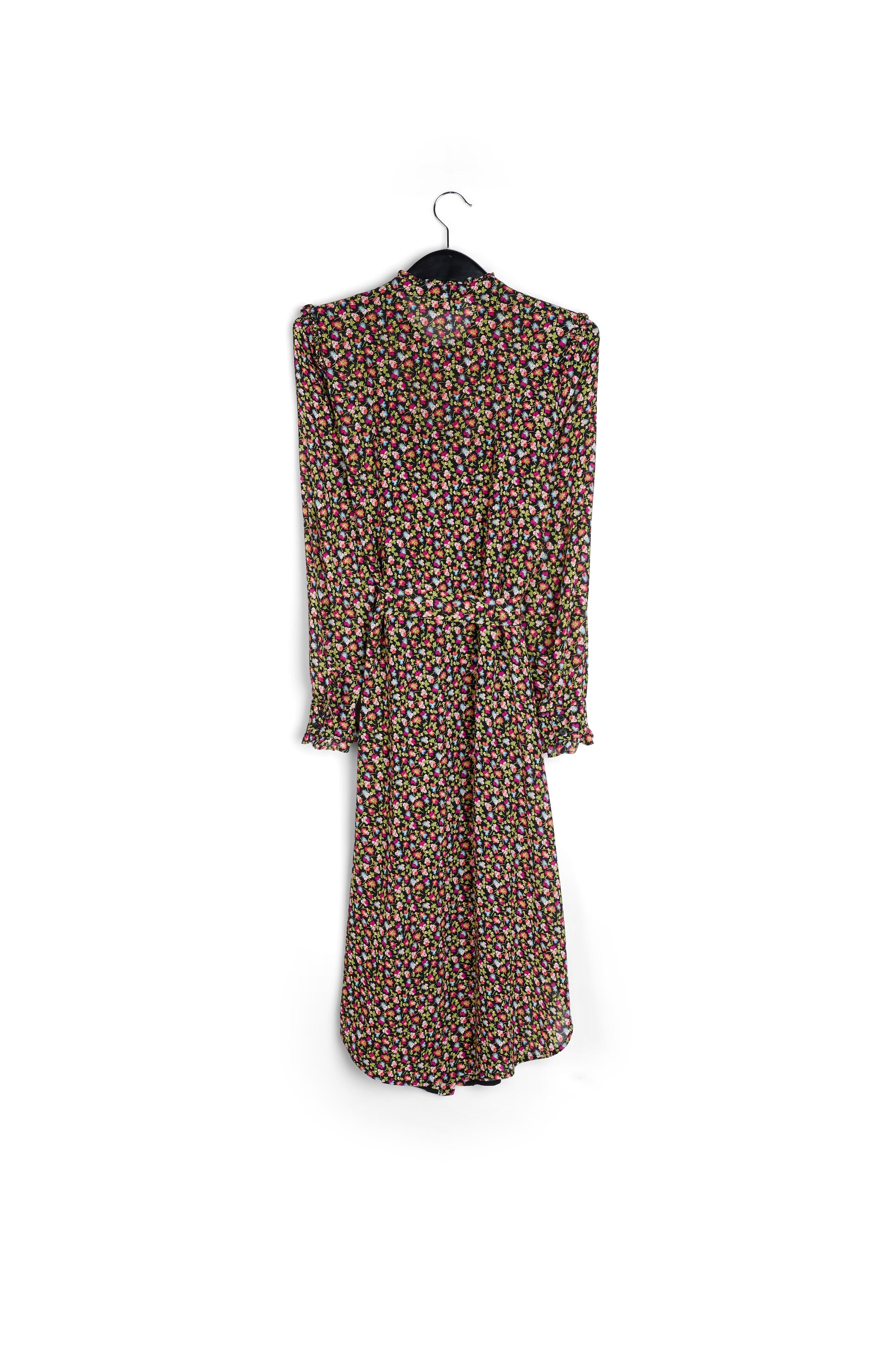 Hemdjurk met ruches en zwarte, lichtgroene en fuchsia bloemenprint RE—SSENTIEL | Essentiel second hand