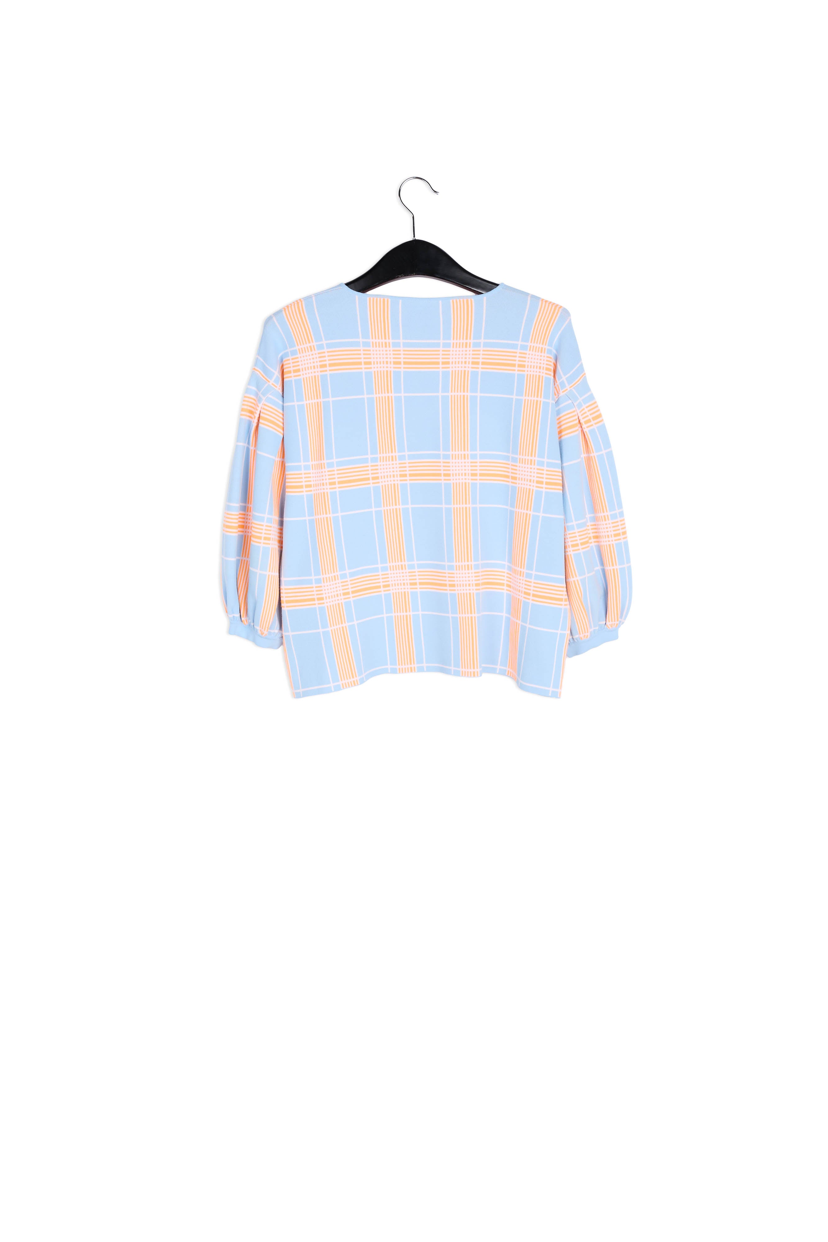 Light blue puffed sleeve knitted top with check motif RE—SSENTIEL | Essentiel second hand