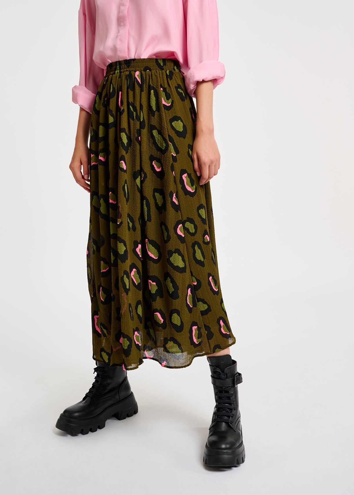 Khaki leopard-print midi skirt RE—SSENTIEL | Essentiel second hand