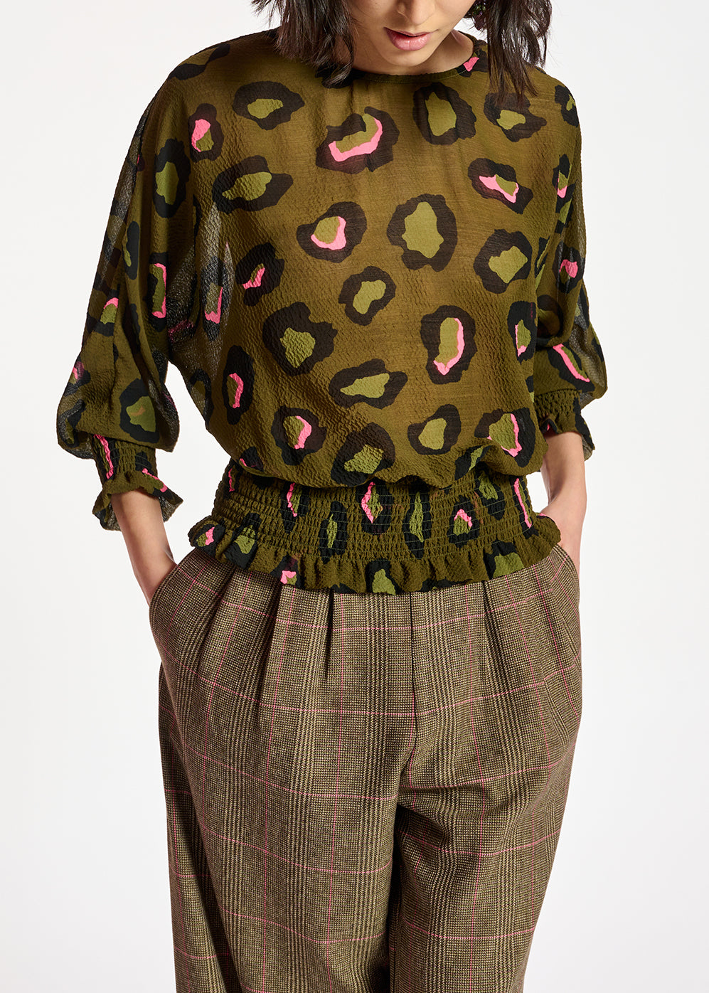 Khaki smocked top with leopard print RE—SSENTIEL | Essentiel second hand