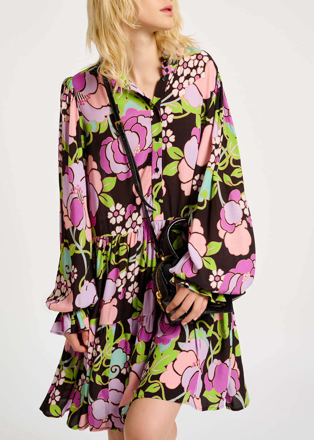 Black tiered mini dress with floral print RE—SSENTIEL | Essentiel second hand