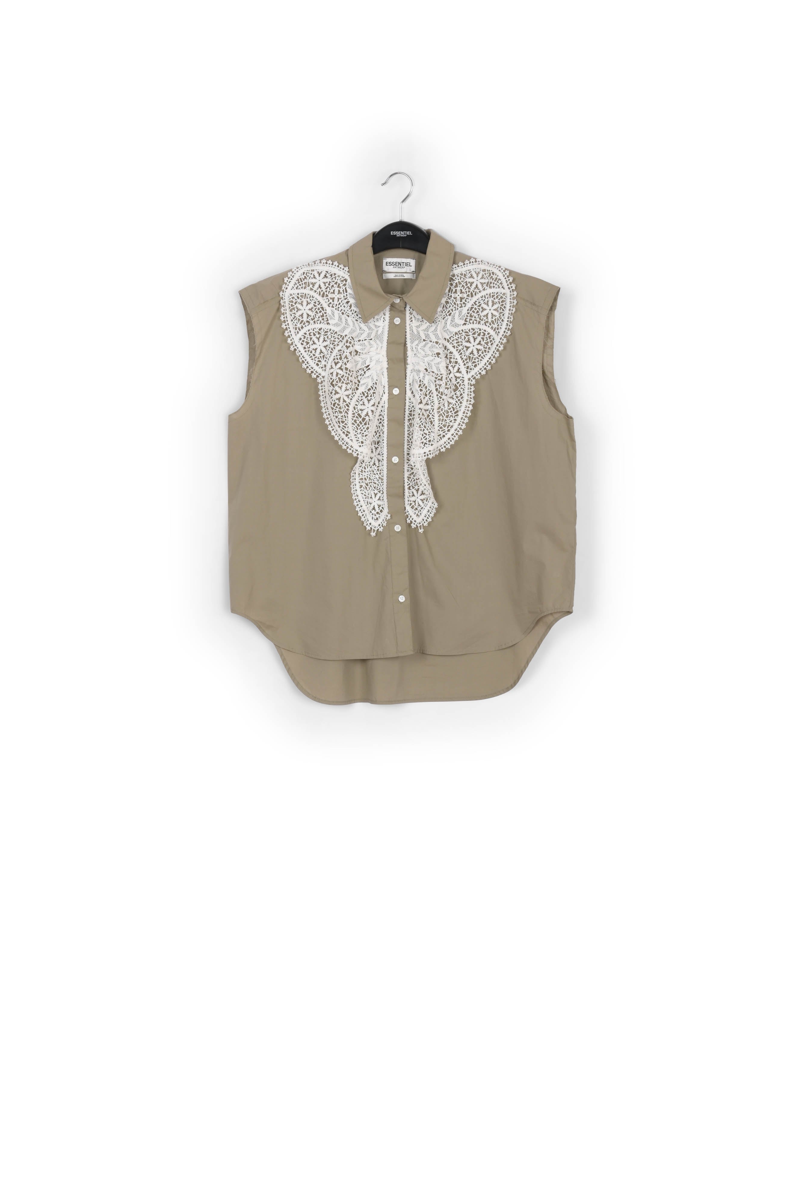 Khaki cotton sleeveless shirt with lace embroidered trimmings RE—SSENTIEL | Essentiel second hand