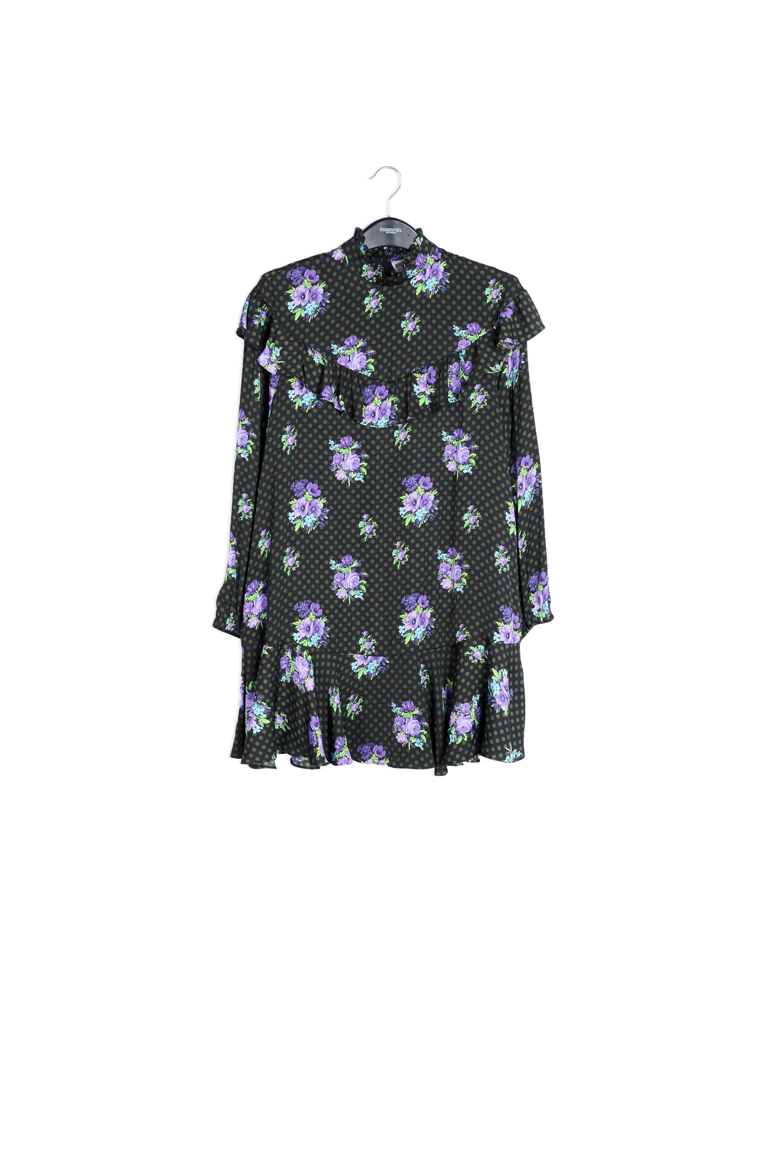 Zwart en paarse A-lijn jurk met volants RE—SSENTIEL | Essentiel second hand