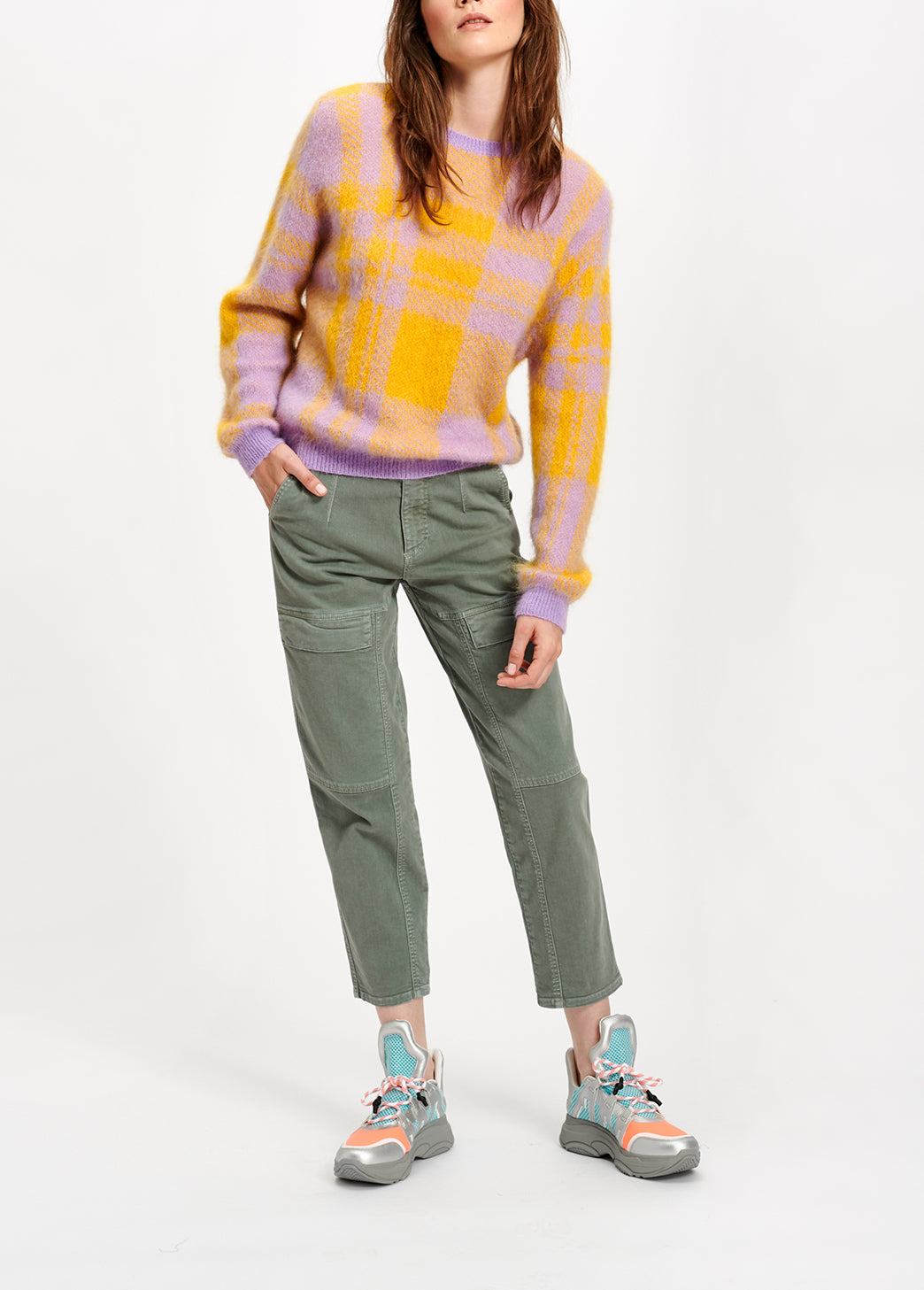 Lilac and yellow soft mohair plaid sweater RE—SSENTIEL | Essentiel second hand
