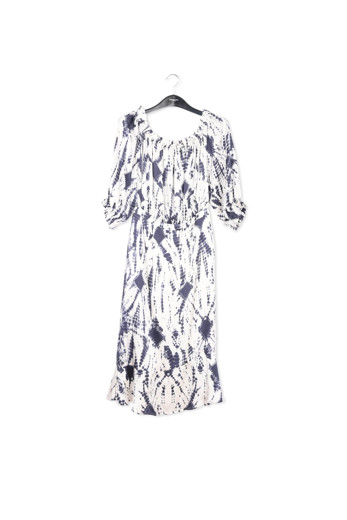 Off-white and dark blue tie-dyed off-the-shoulder silk dress RE—SSENTIEL | Essentiel second hand