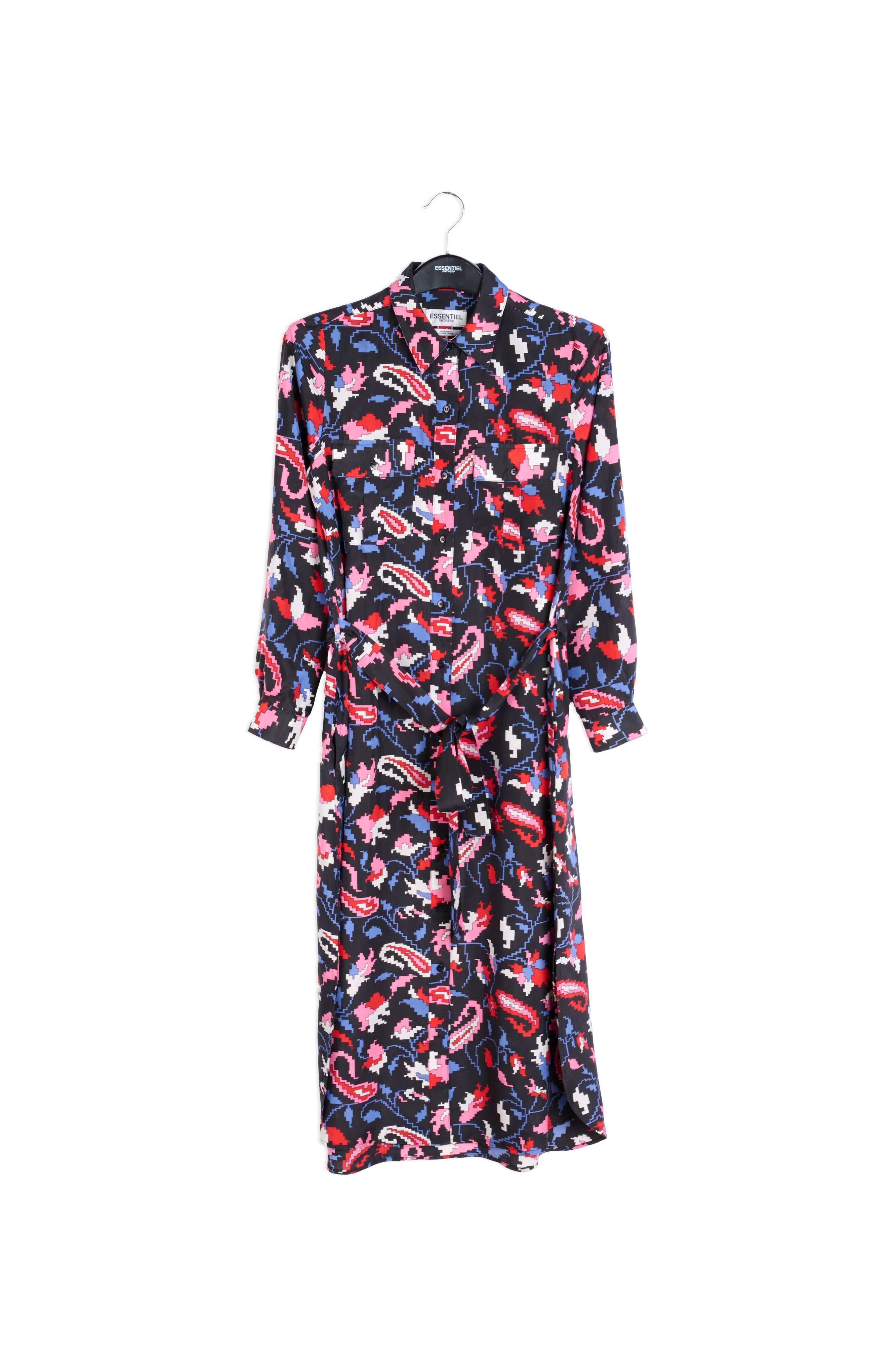 Black silk shirt dress with floral print RE—SSENTIEL | Essentiel second hand
