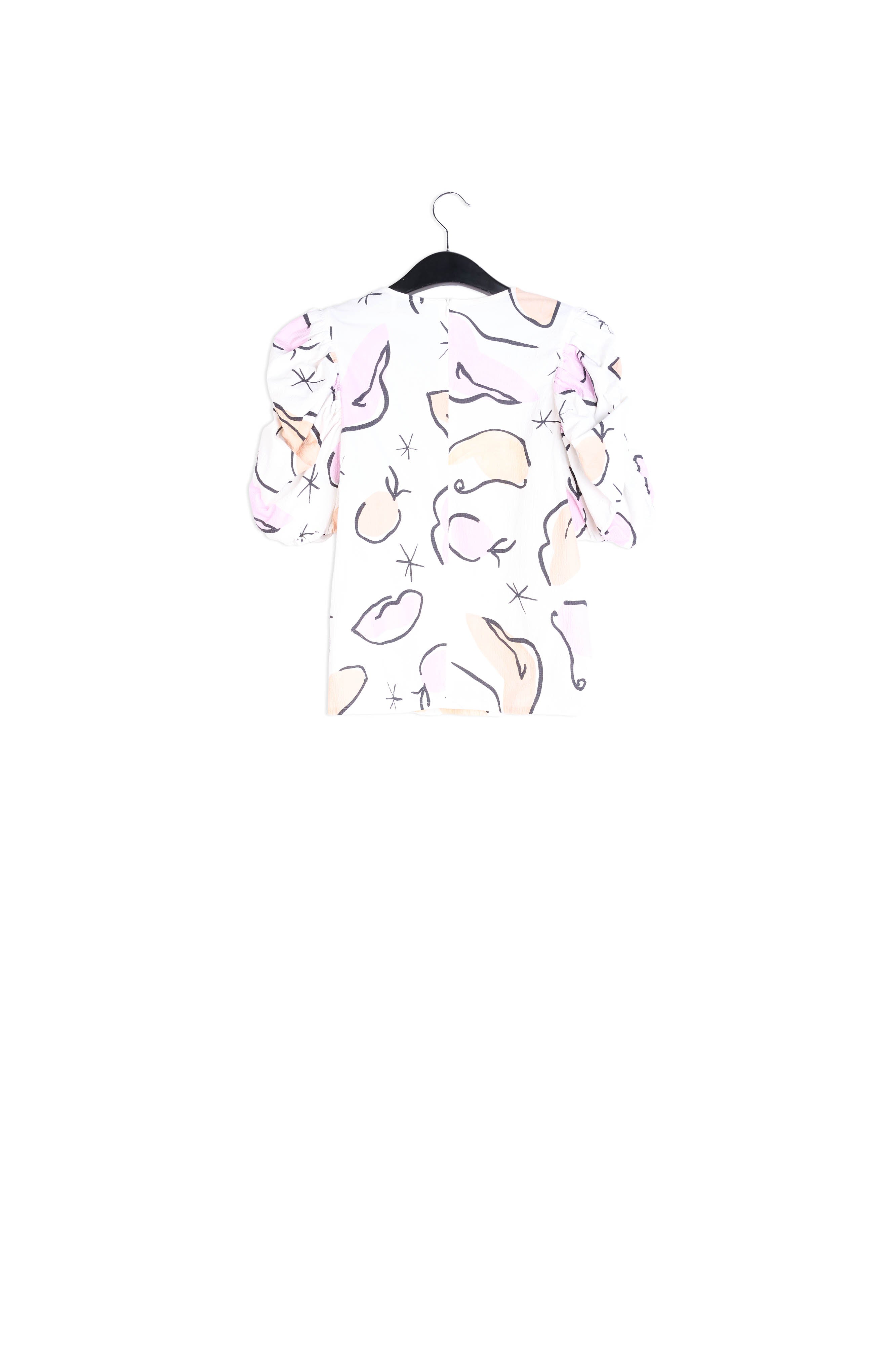 Witte top met pofmouwen en abstracte print RE—SSENTIEL | Essentiel second hand